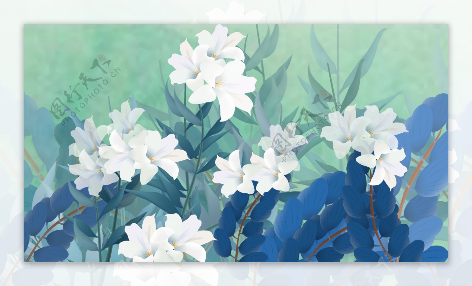 淡雅水彩白色花朵蓝色叶子卡通背景