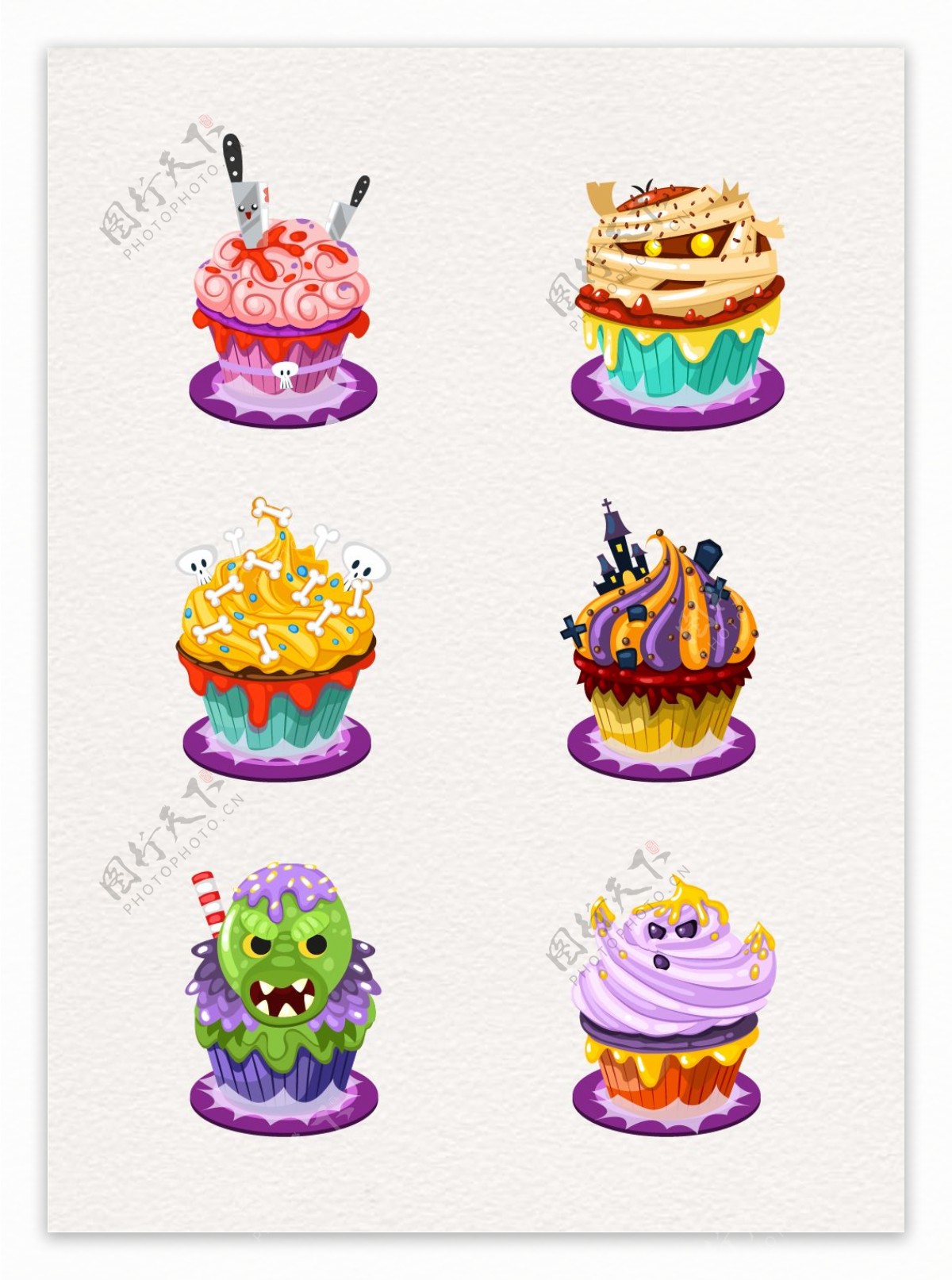 卡通彩色6组万圣节纸杯蛋糕甜点设计