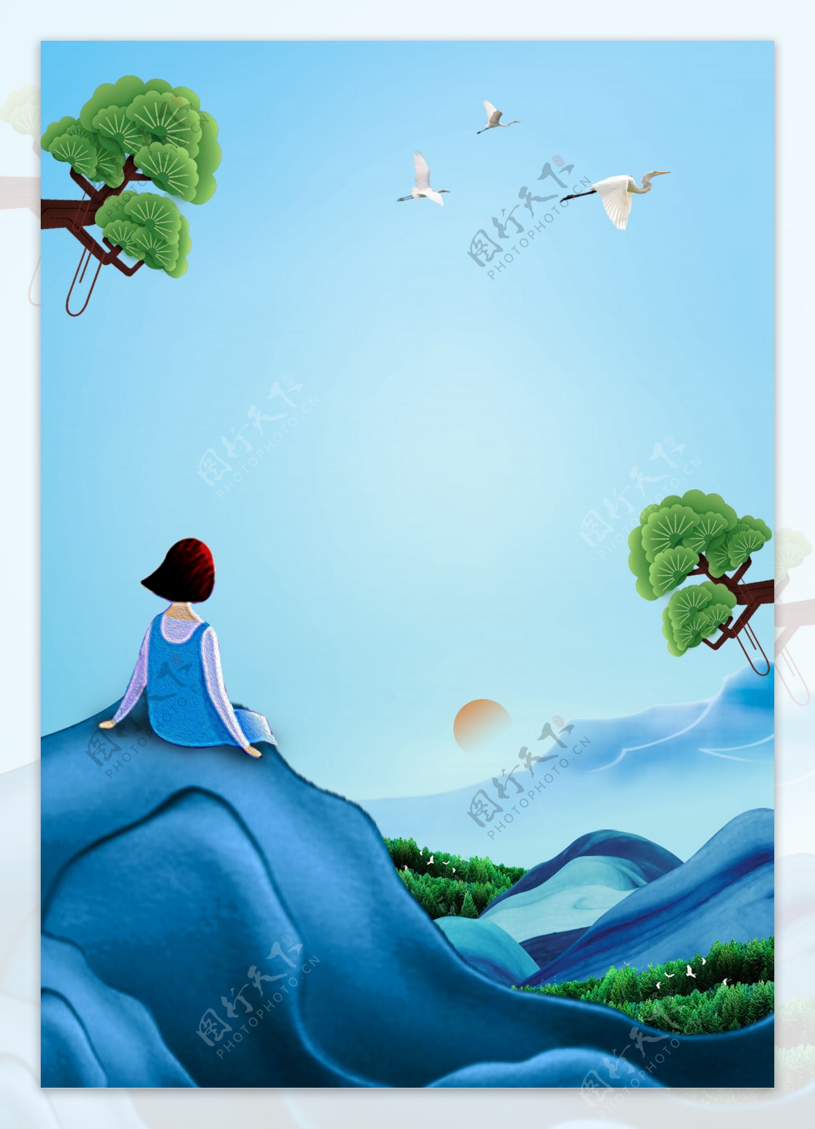 坐在山顶上看风景的女孩重阳节背景素材