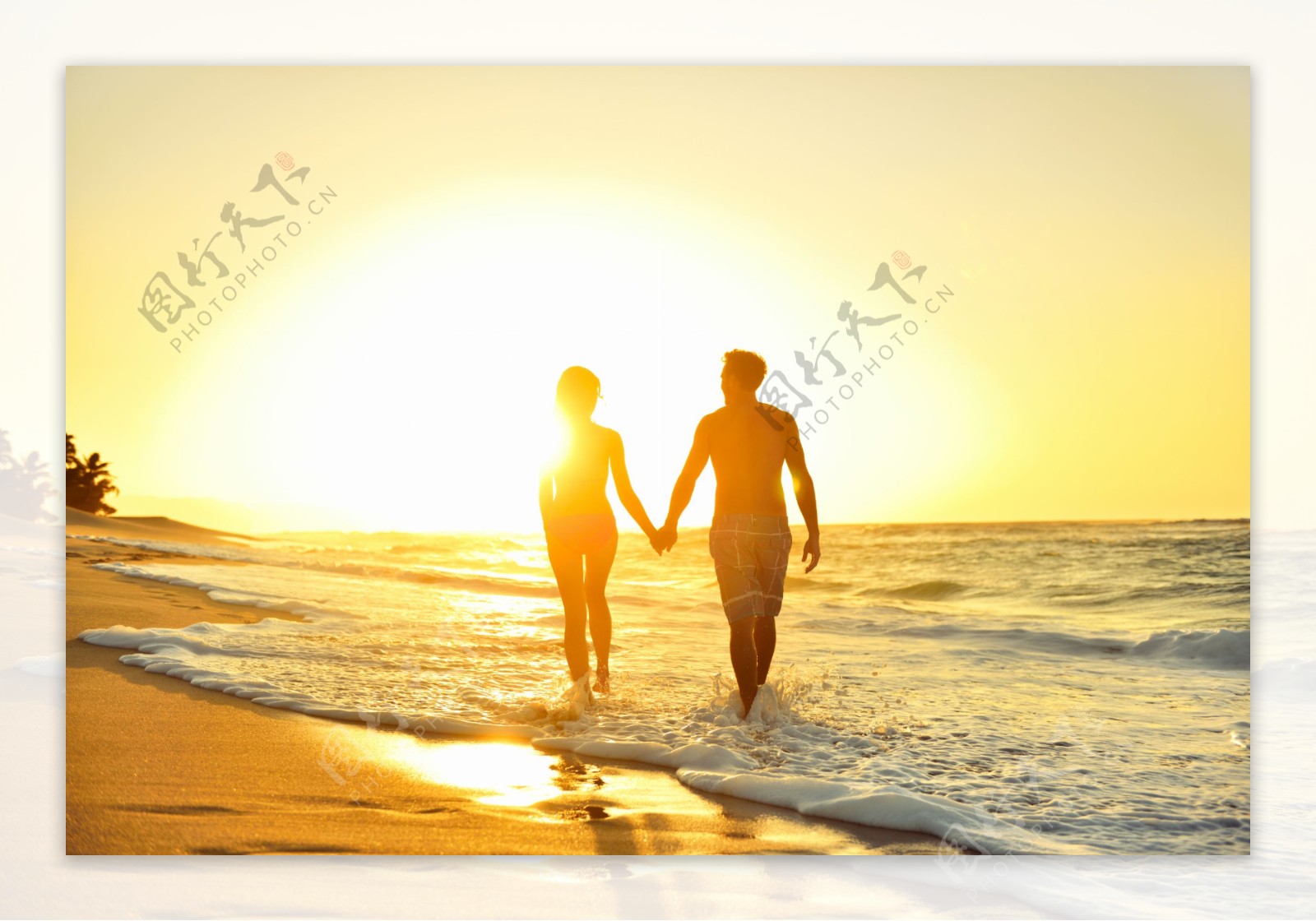 夫妇手牵着手在日落时分的爱情高清摄影大图-千库网