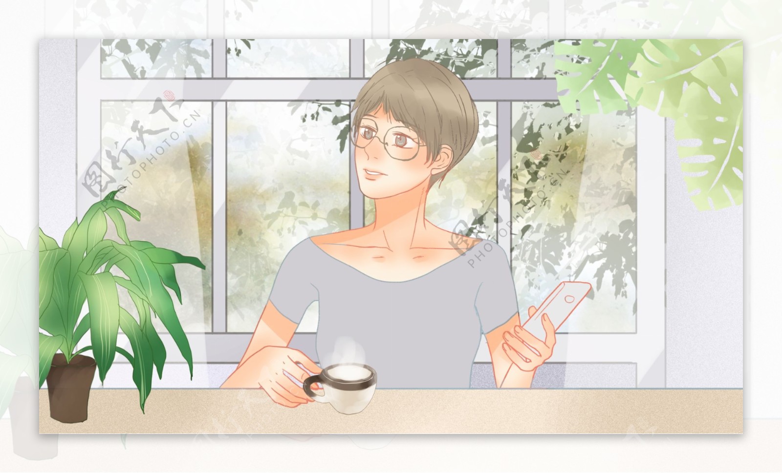 坐在桌前喝咖啡的带眼镜的女人窗户背景