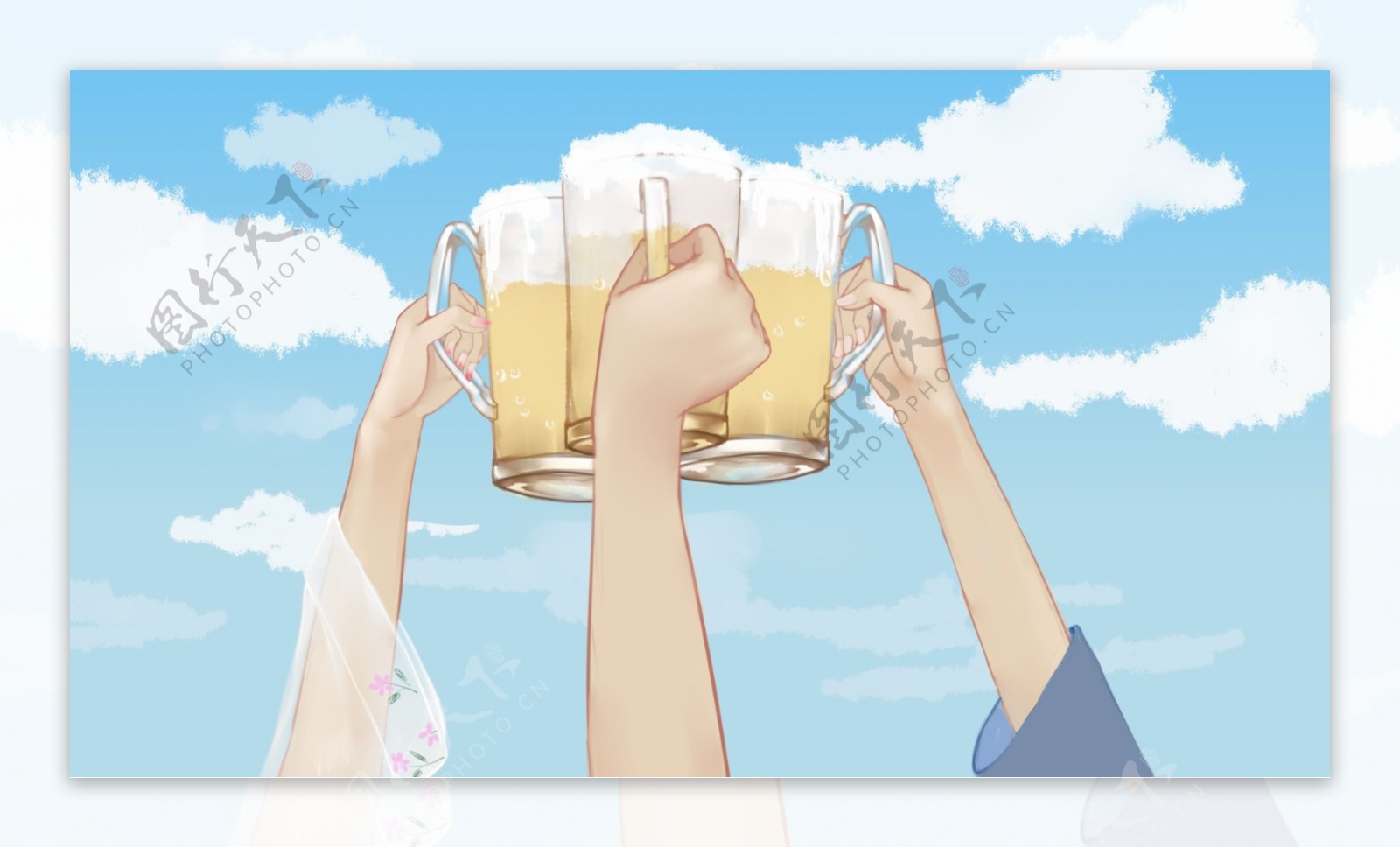 举杯干杯喝啤酒的朋友们蓝天背景