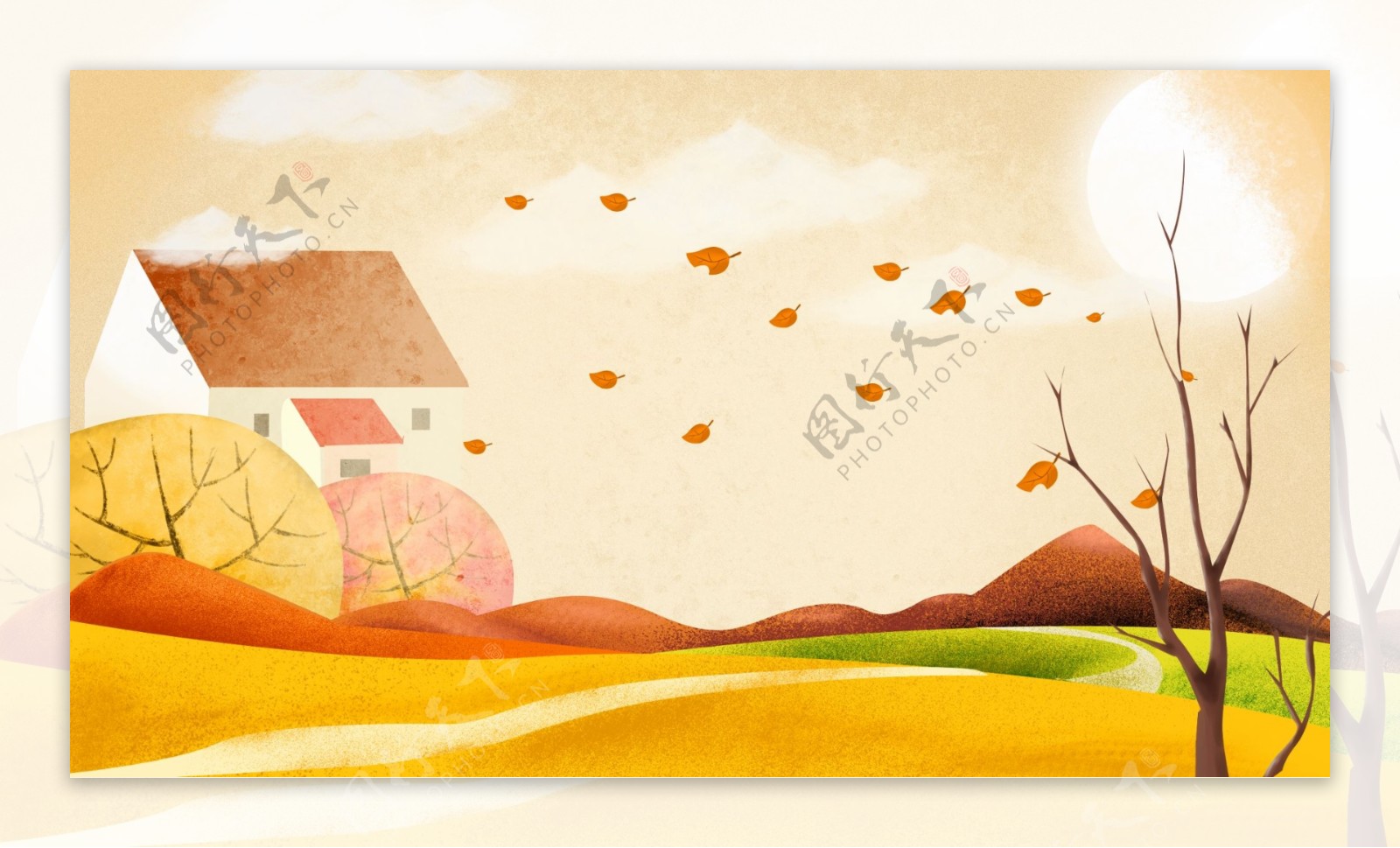 秋季房屋落叶树木卡通背景