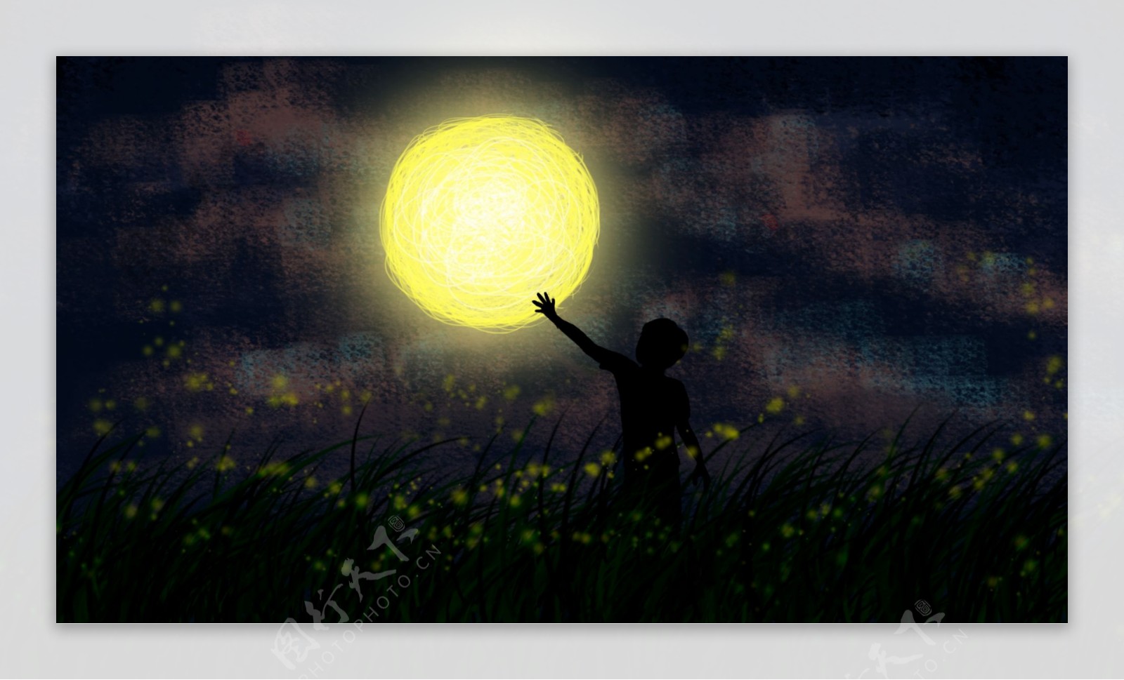 夜晚花海中男孩金色月亮卡通背景