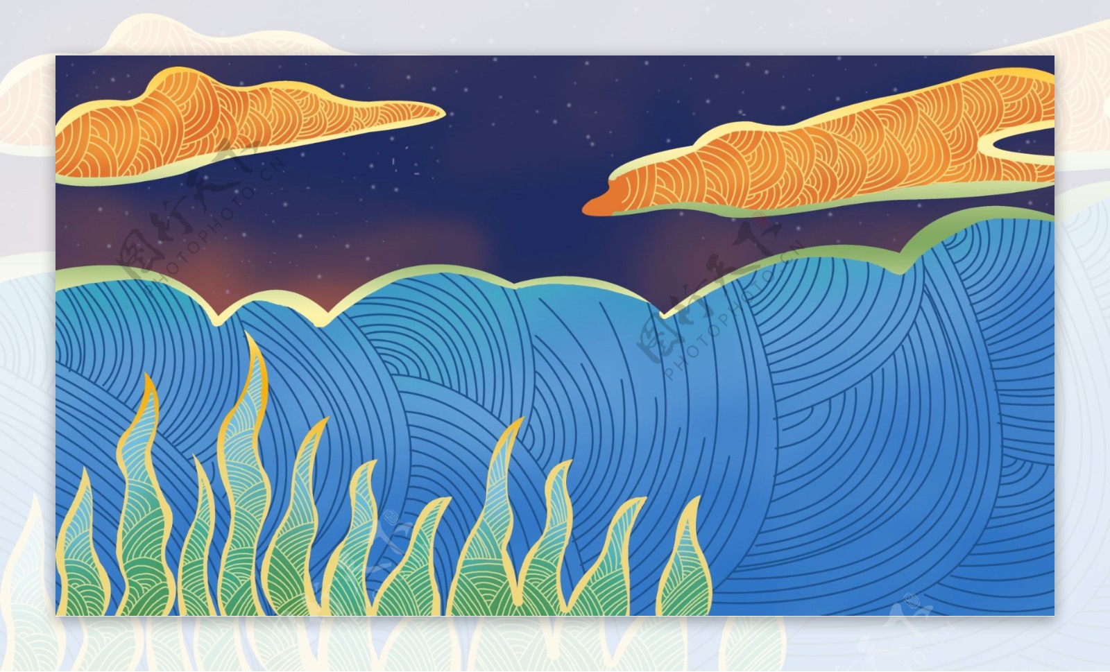 流光溢彩大海植物插画背景设计