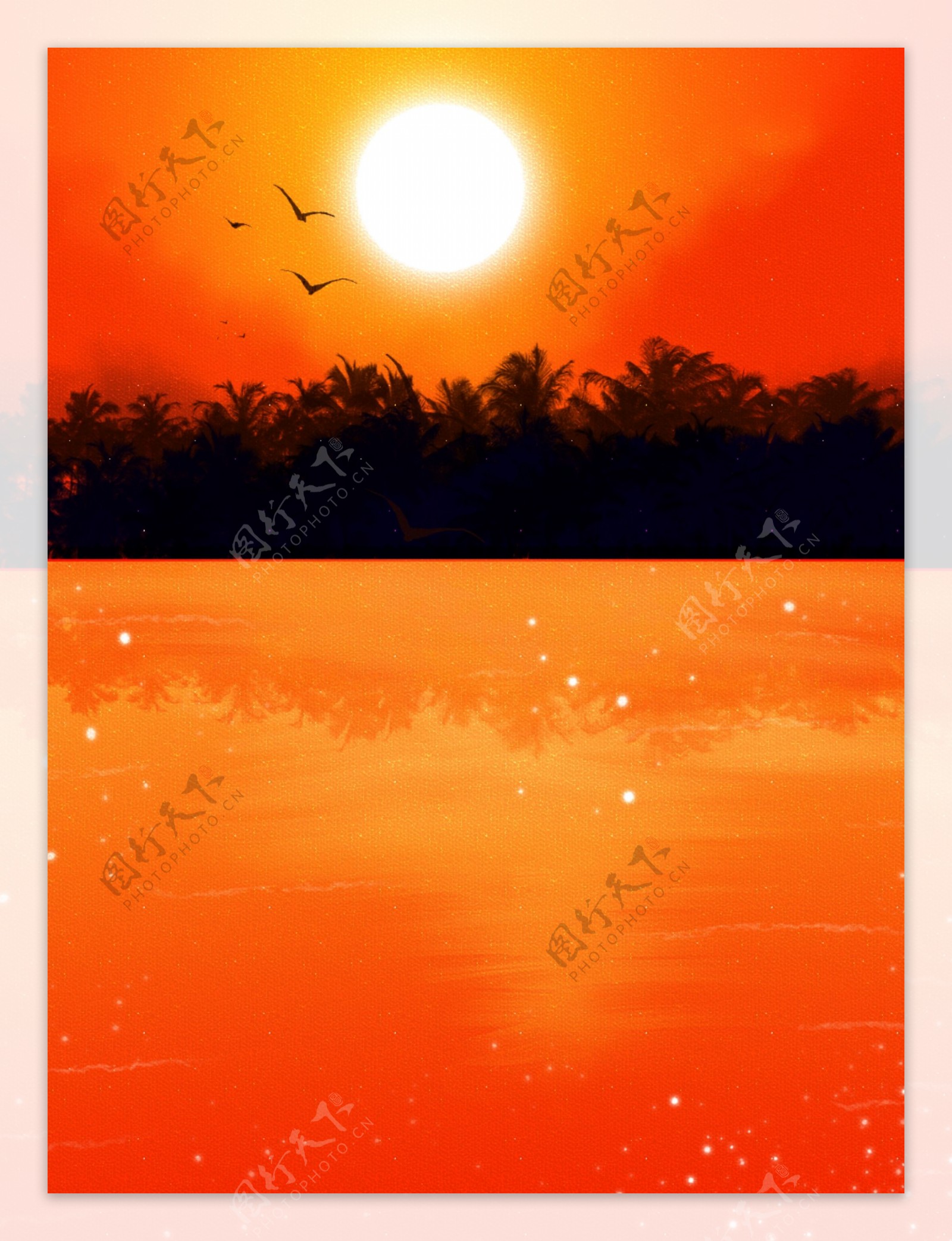 全原创手绘梦幻夕阳树林橙色背景