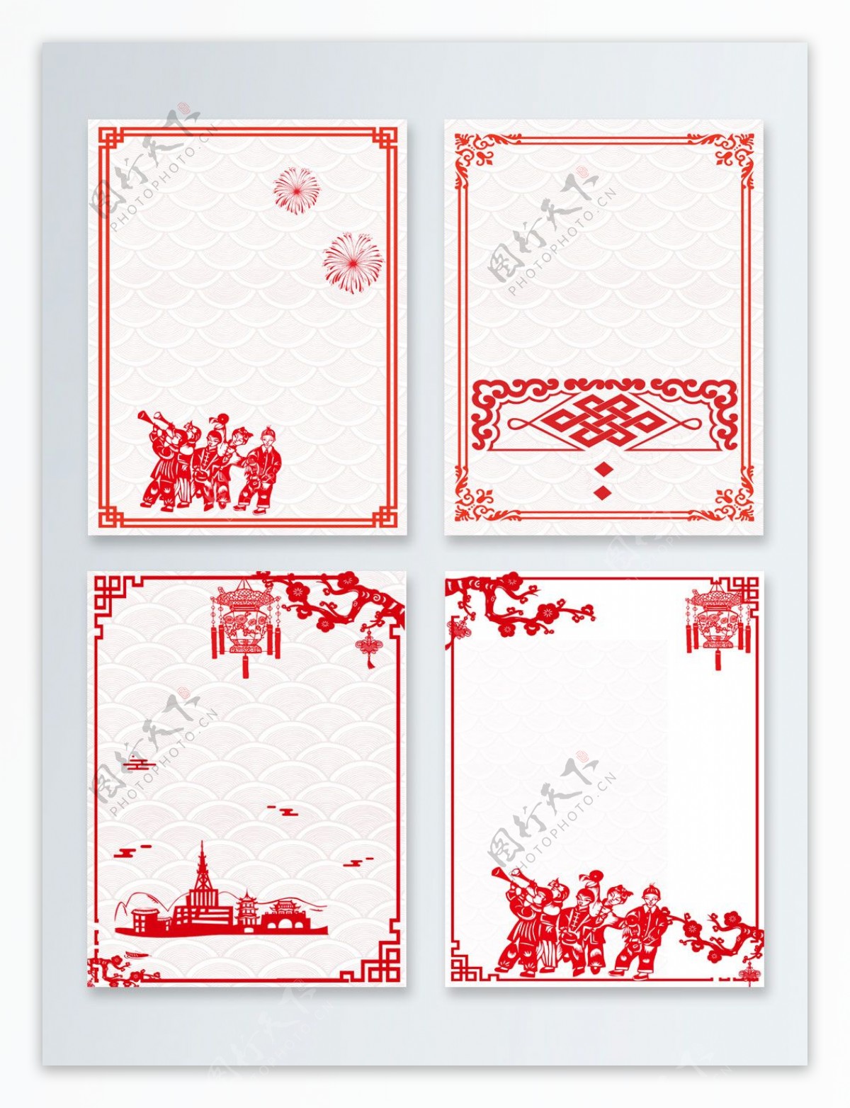 红色中国风通用剪纸轮船梅花边框背景