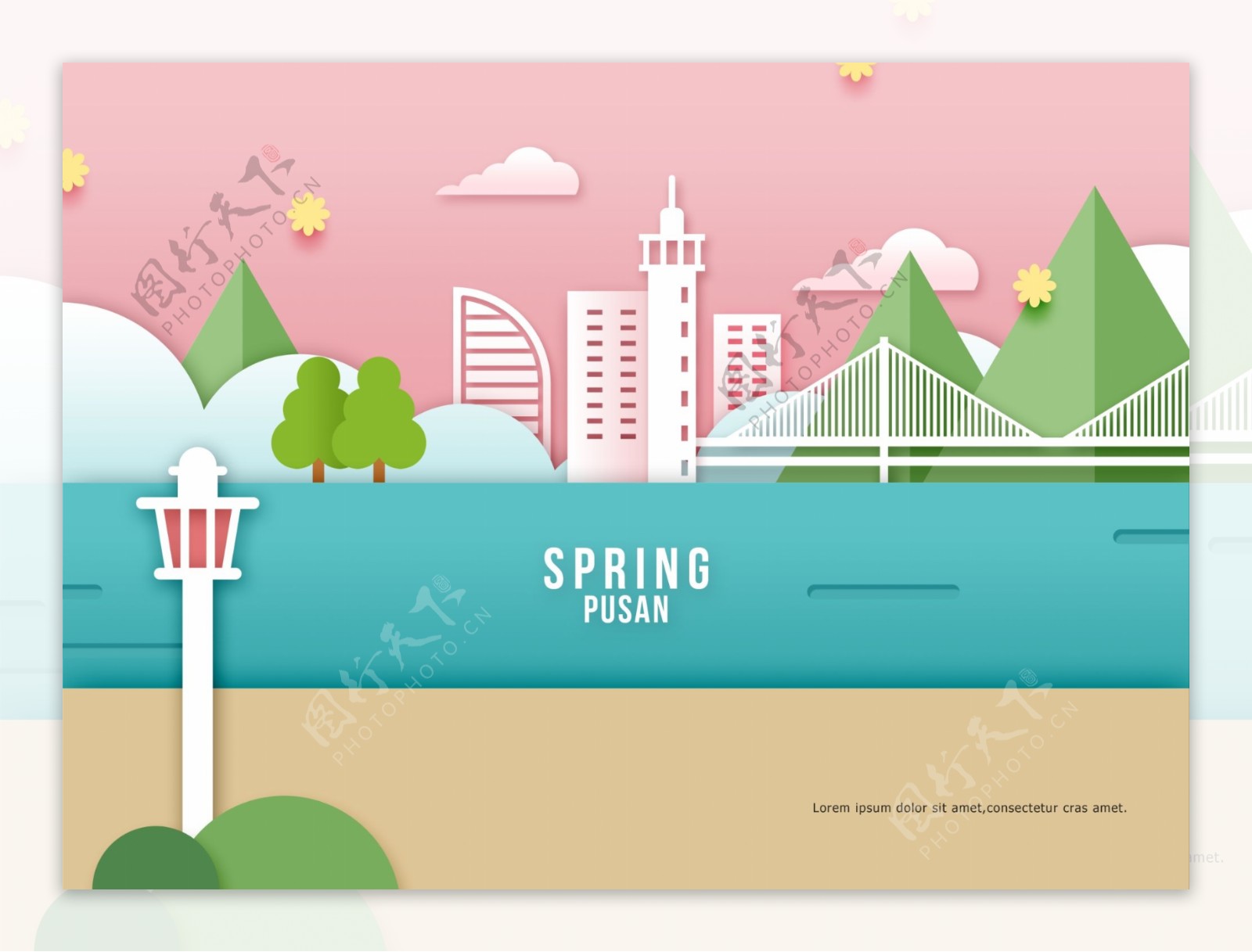 清新韩式春天气息卡通立体花朵建筑海报