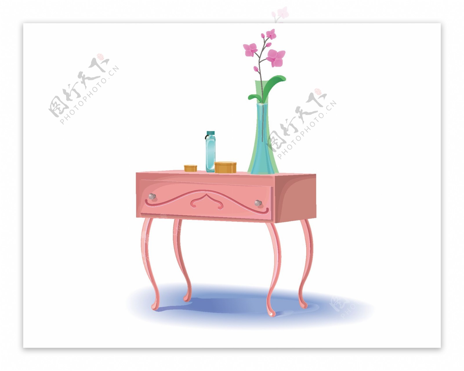 矢量唯美粉色花朵花瓶桌子元素