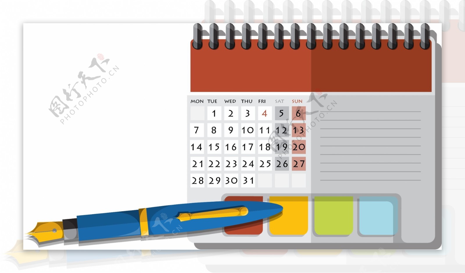 迷你笔记本上的日历与钢笔