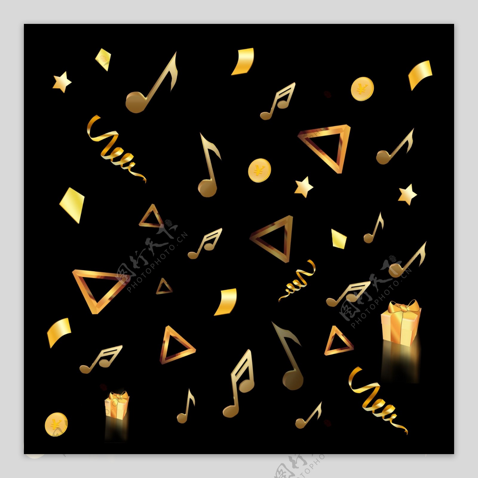 商用手绘金色电商音乐符号几何图形漂浮元素
