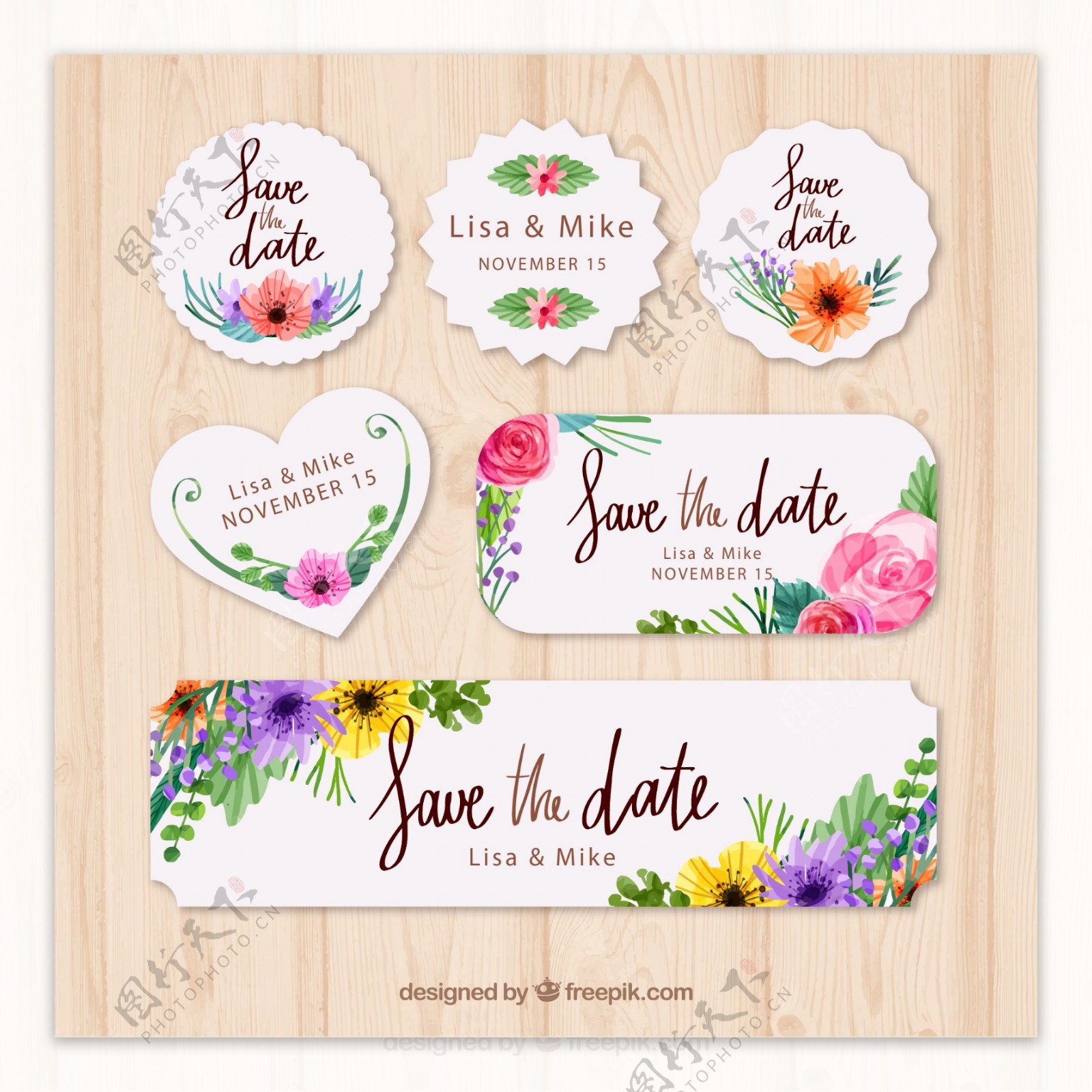 6款彩绘花朵婚礼标签矢量素材