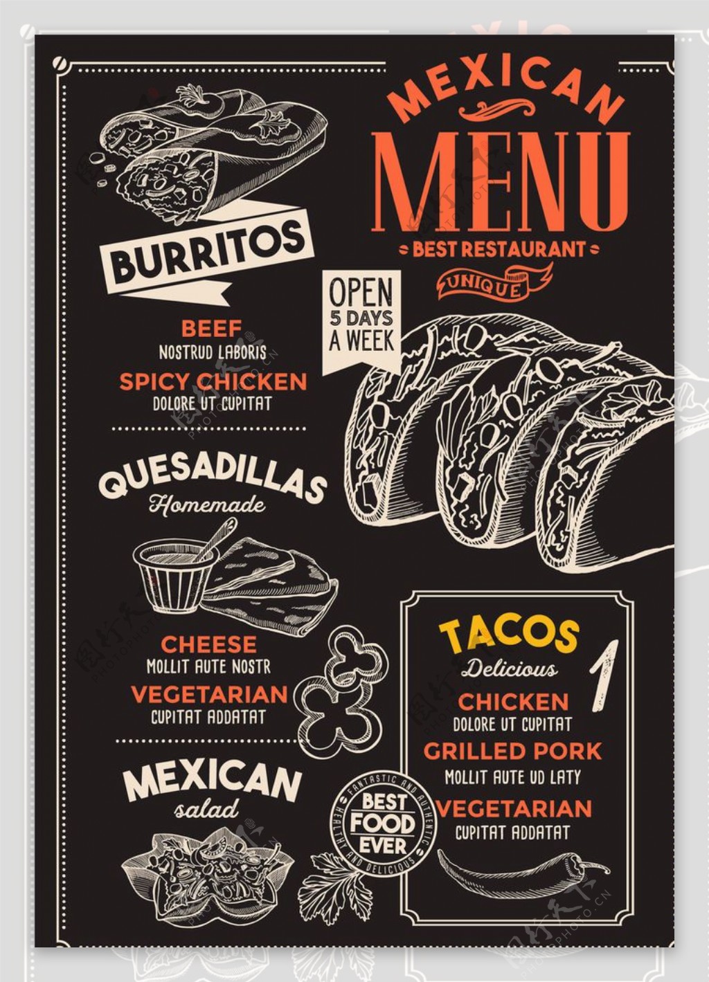 复古手绘墨西哥美食菜单模板