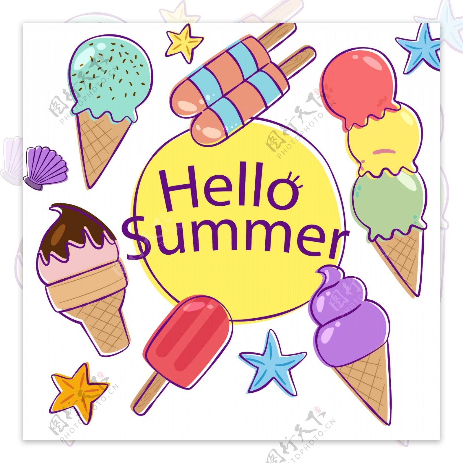彩绘夏季冰淇淋框架矢量图
