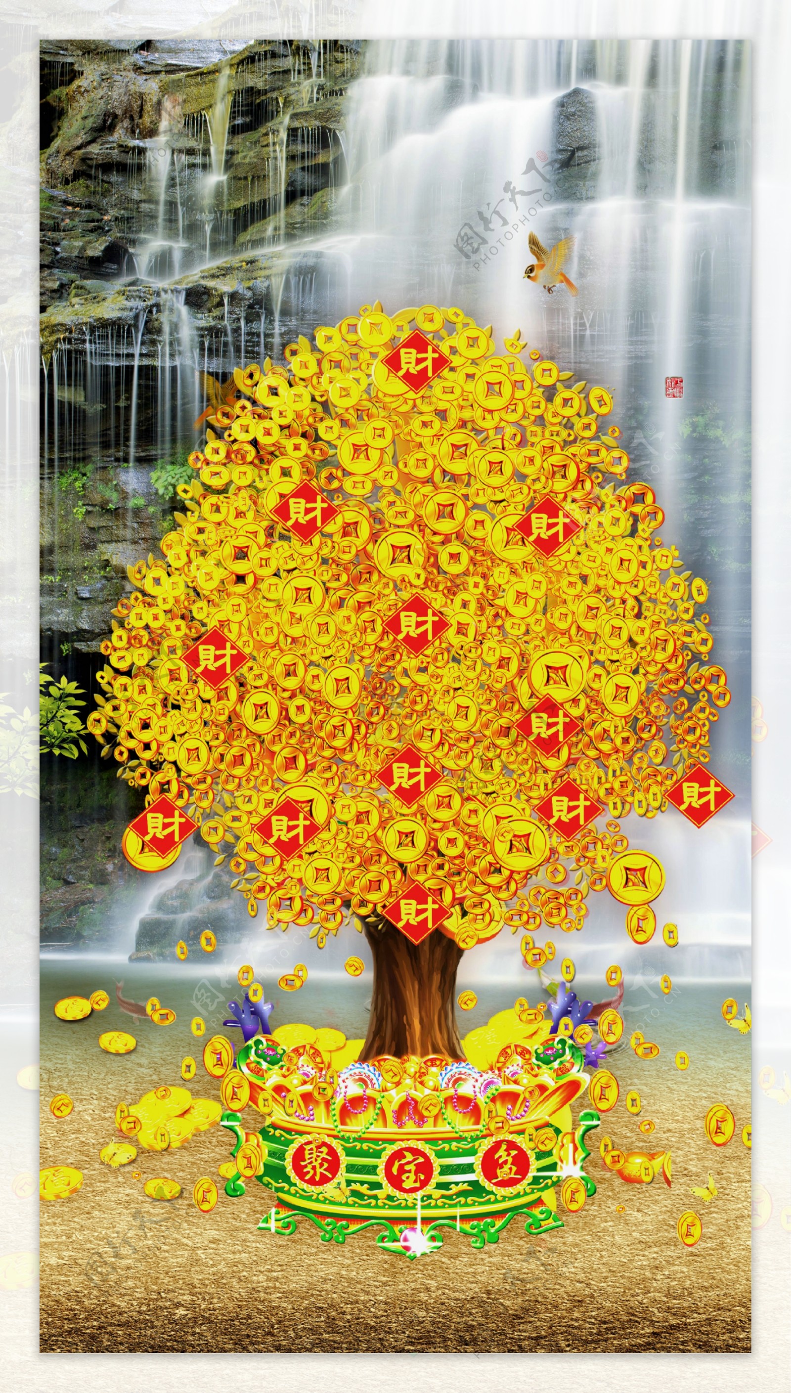 发财树金色花朵抽象树黄金玄关