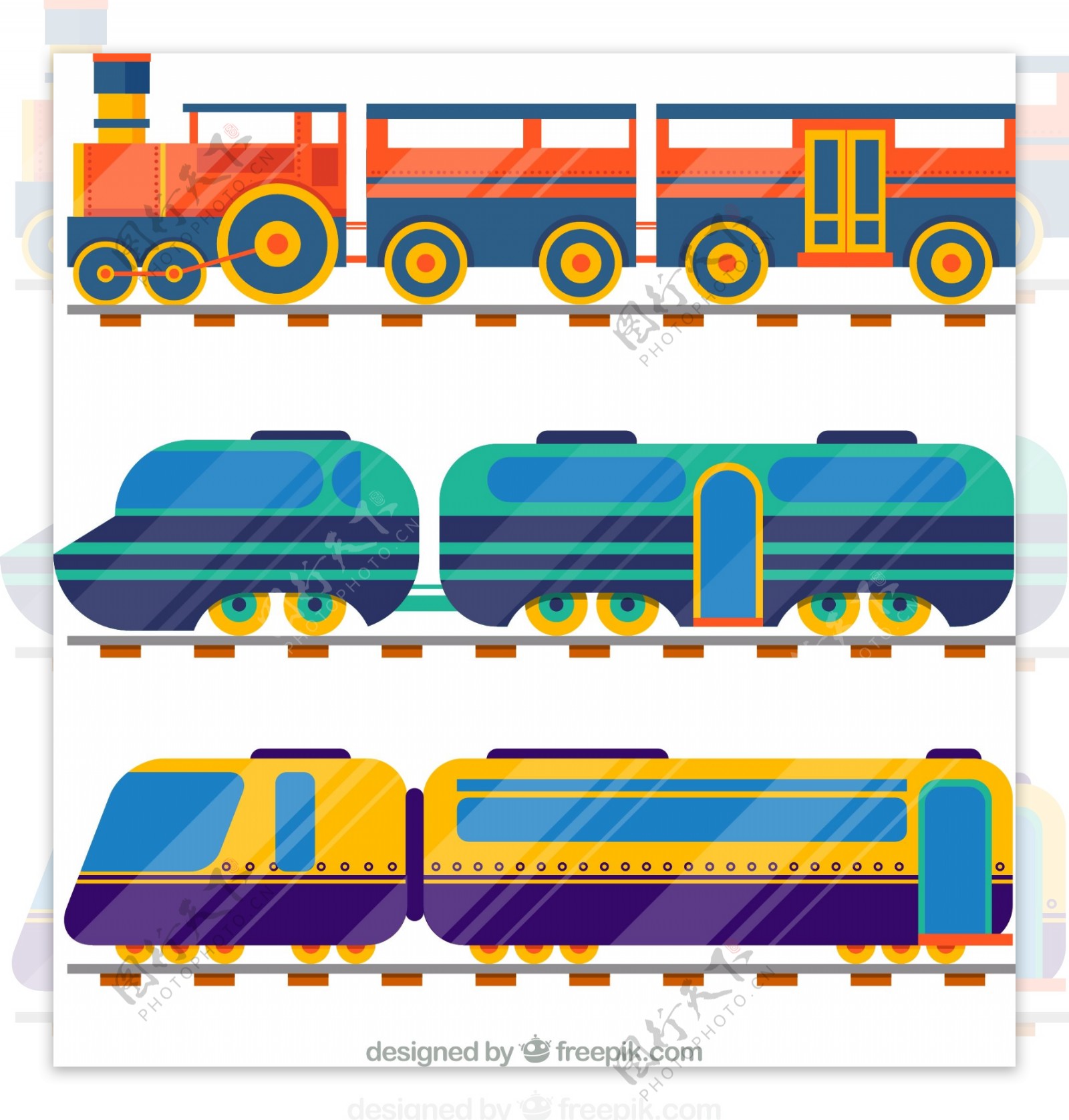 3款彩色火车设计矢量素材