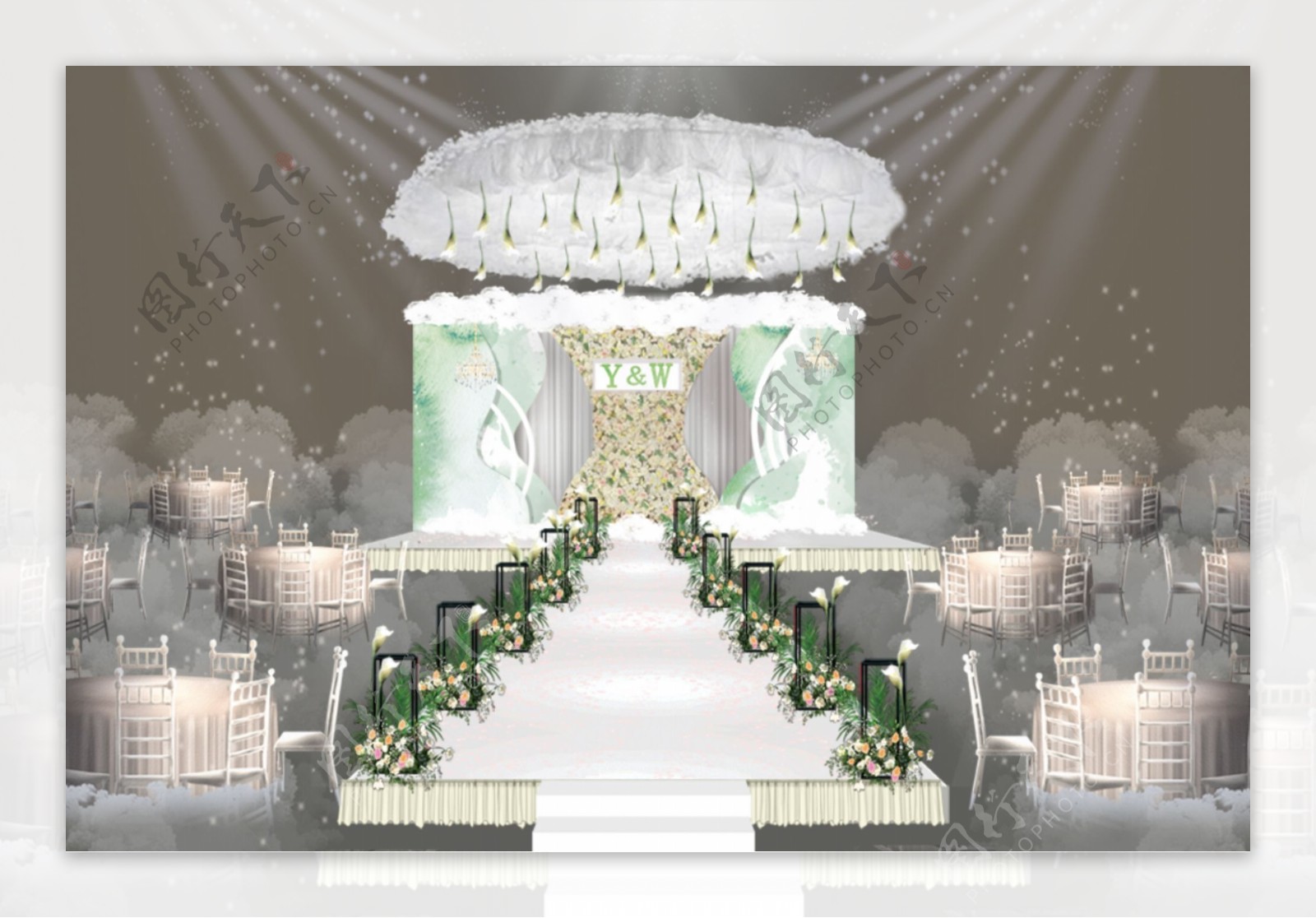 白绿色水彩主题婚礼效果图