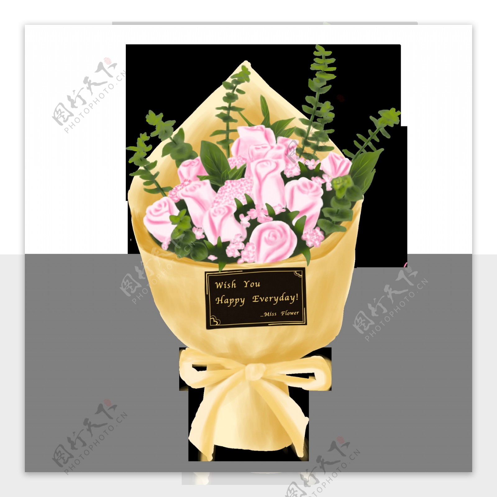 水彩手绘粉红玫瑰鲜花纸质花束花朵素材