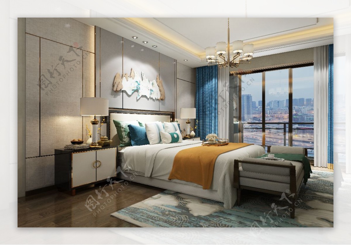 新中式风格时尚大气卧室效果图