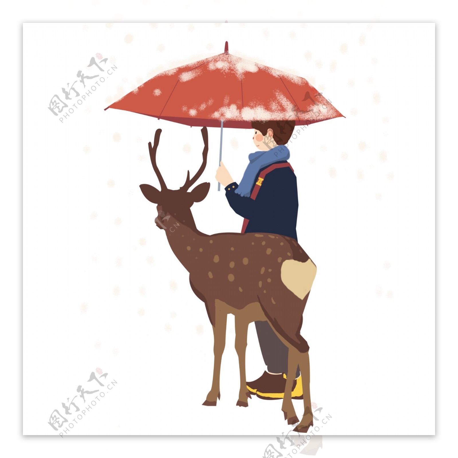 下着雪撑着伞的男孩和小鹿设计可商用元素