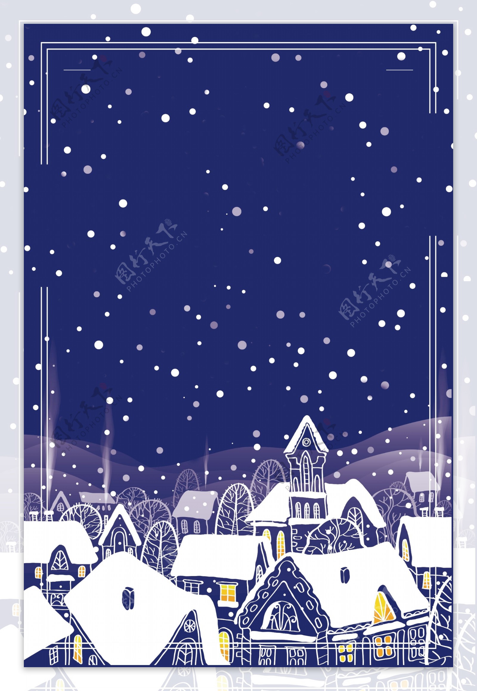 蓝色冬季大雪节气村庄背景素材