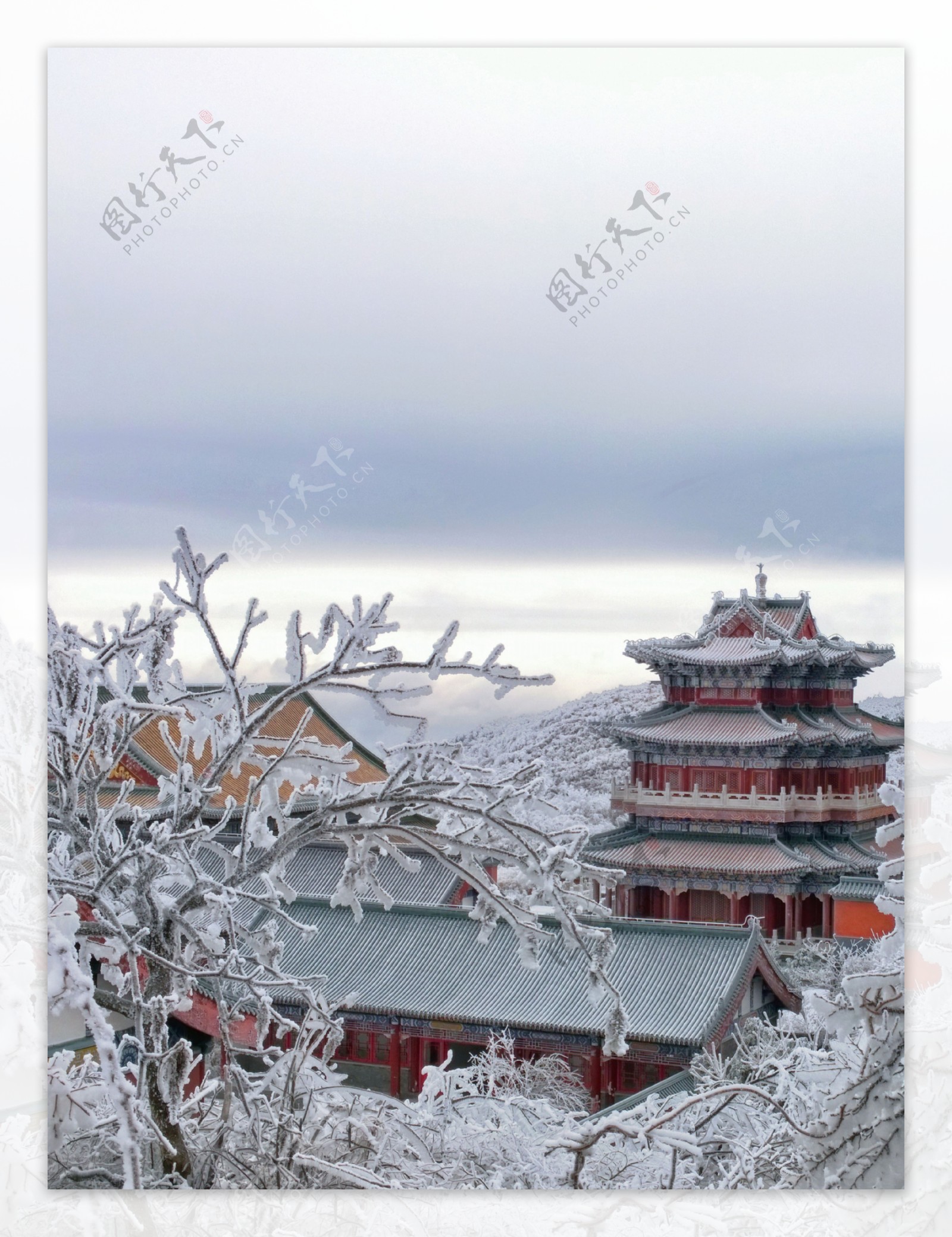 中国风冬至节气雪枝亭院背景素材