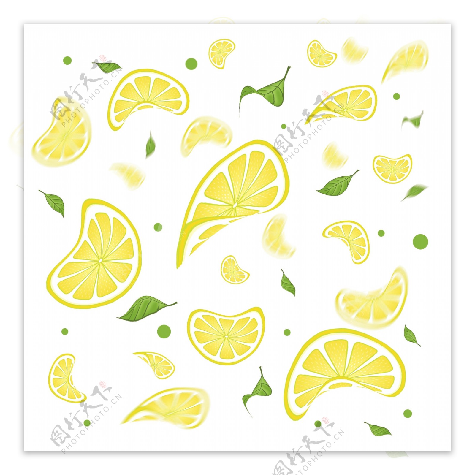 散落的黄色柠檬片和叶子