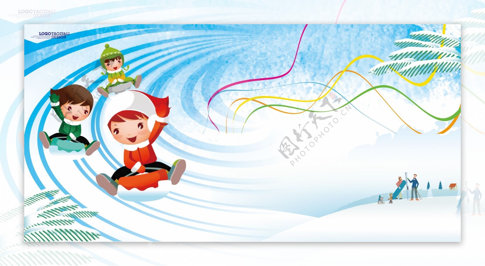 开心滑雪的儿童背景展板