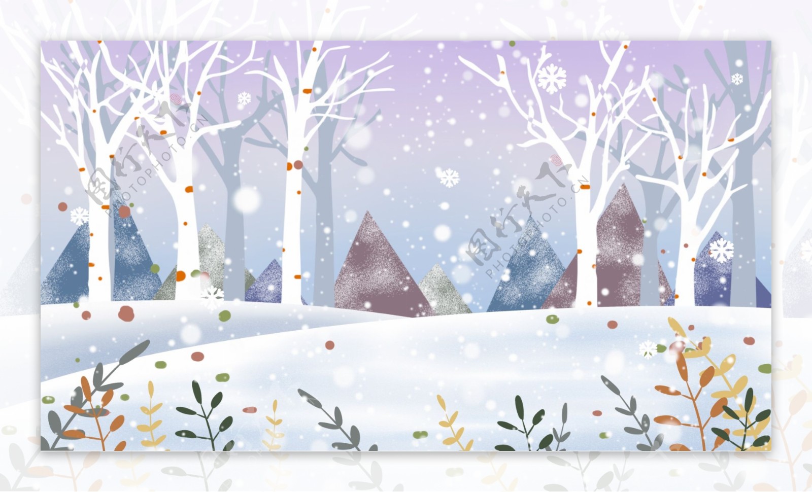 童话风卡通冬季白桦林背景设计