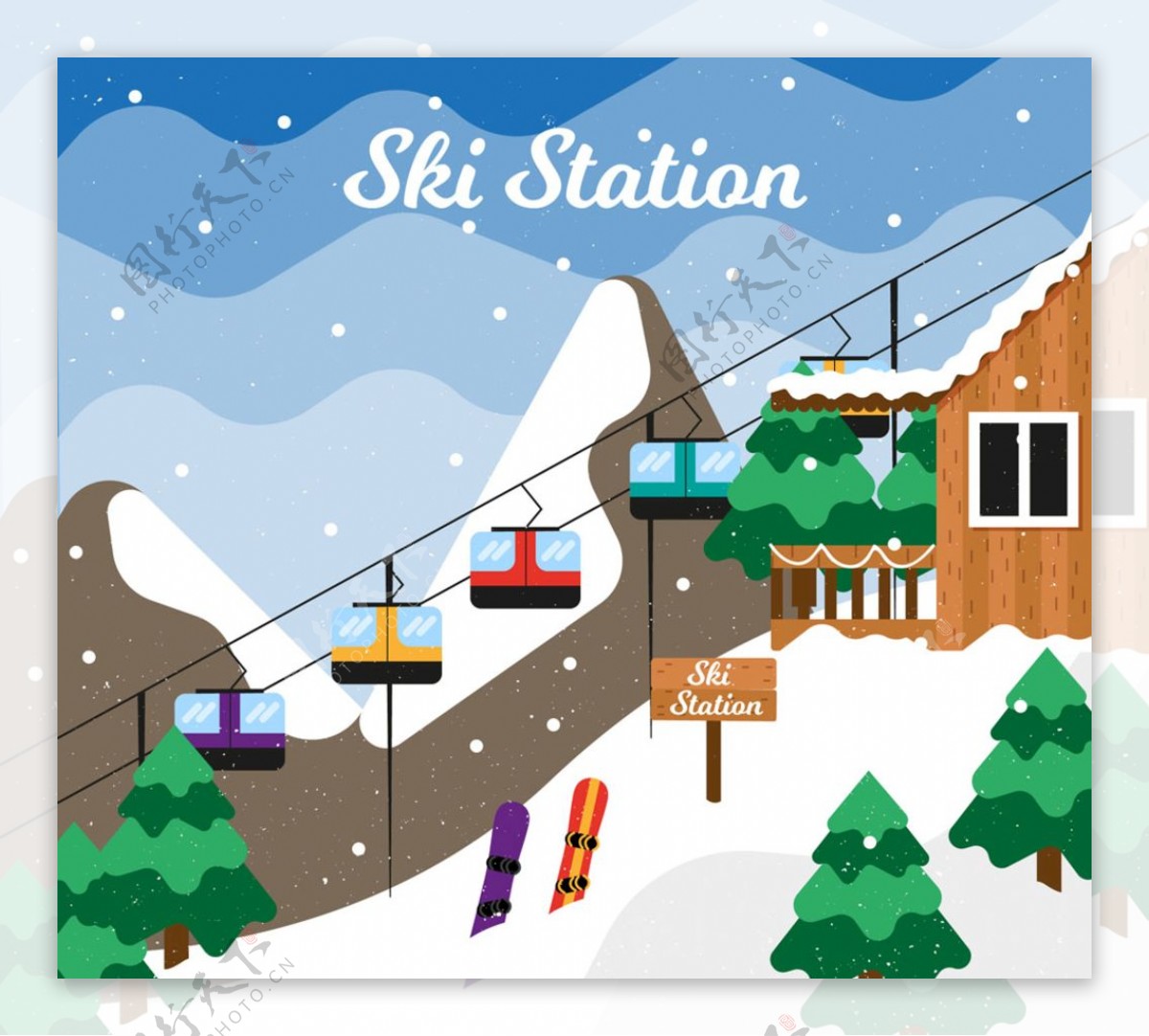 创意冬季滑雪缆车风景