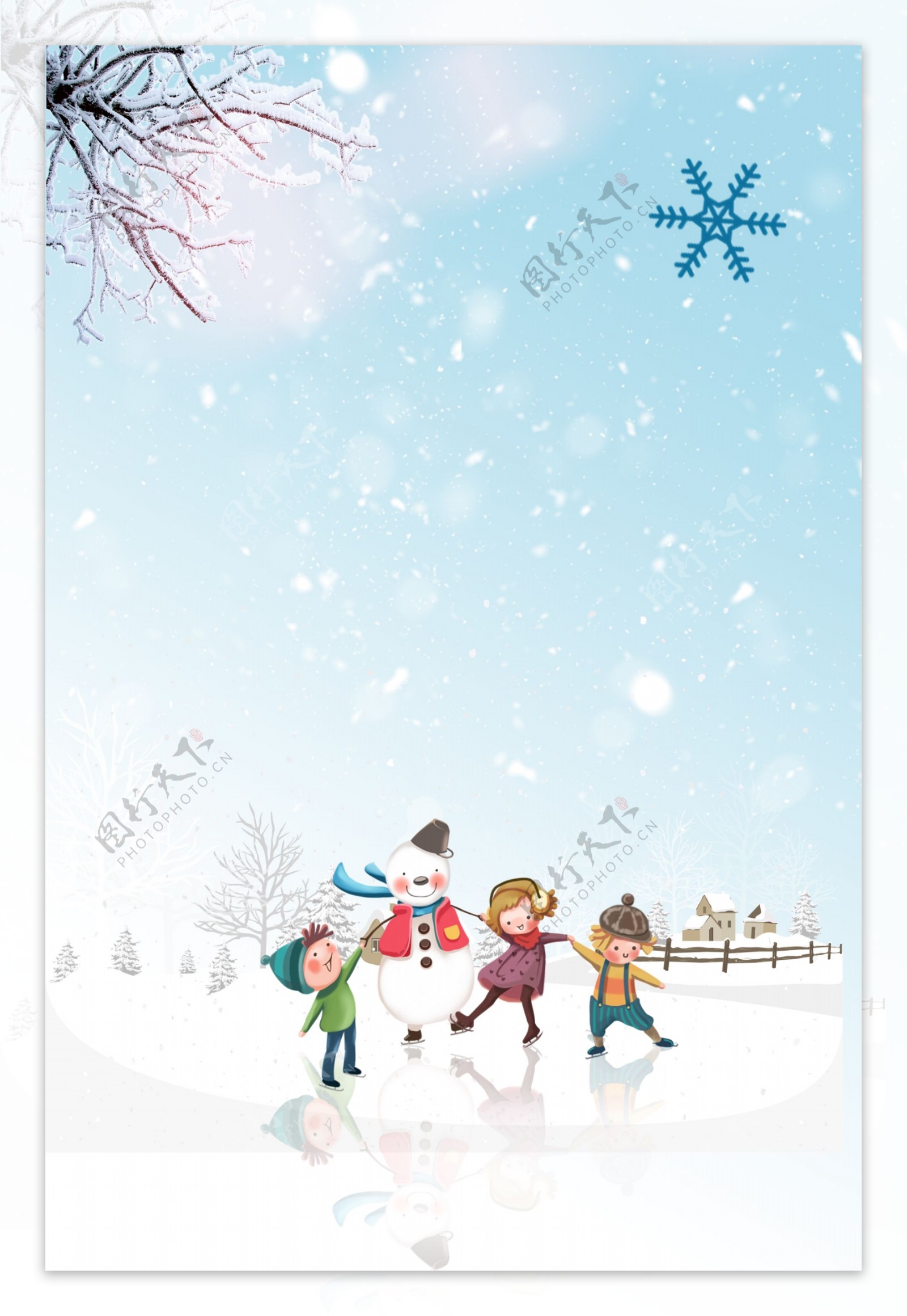 滑雪堆雪人清新冬季卡通手绘广告背景