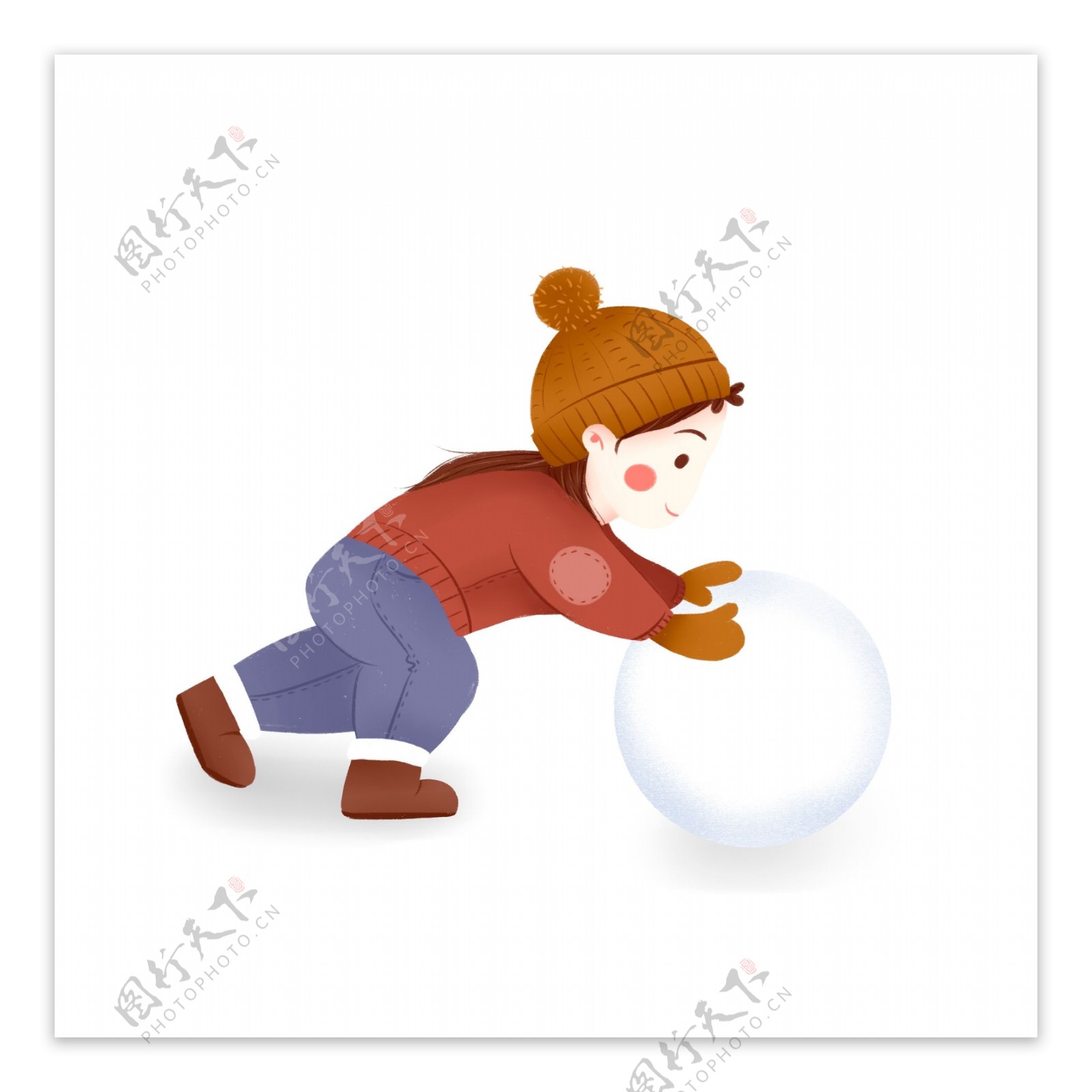 冬天下雪男孩堆雪人滚雪球插画图片-千库网