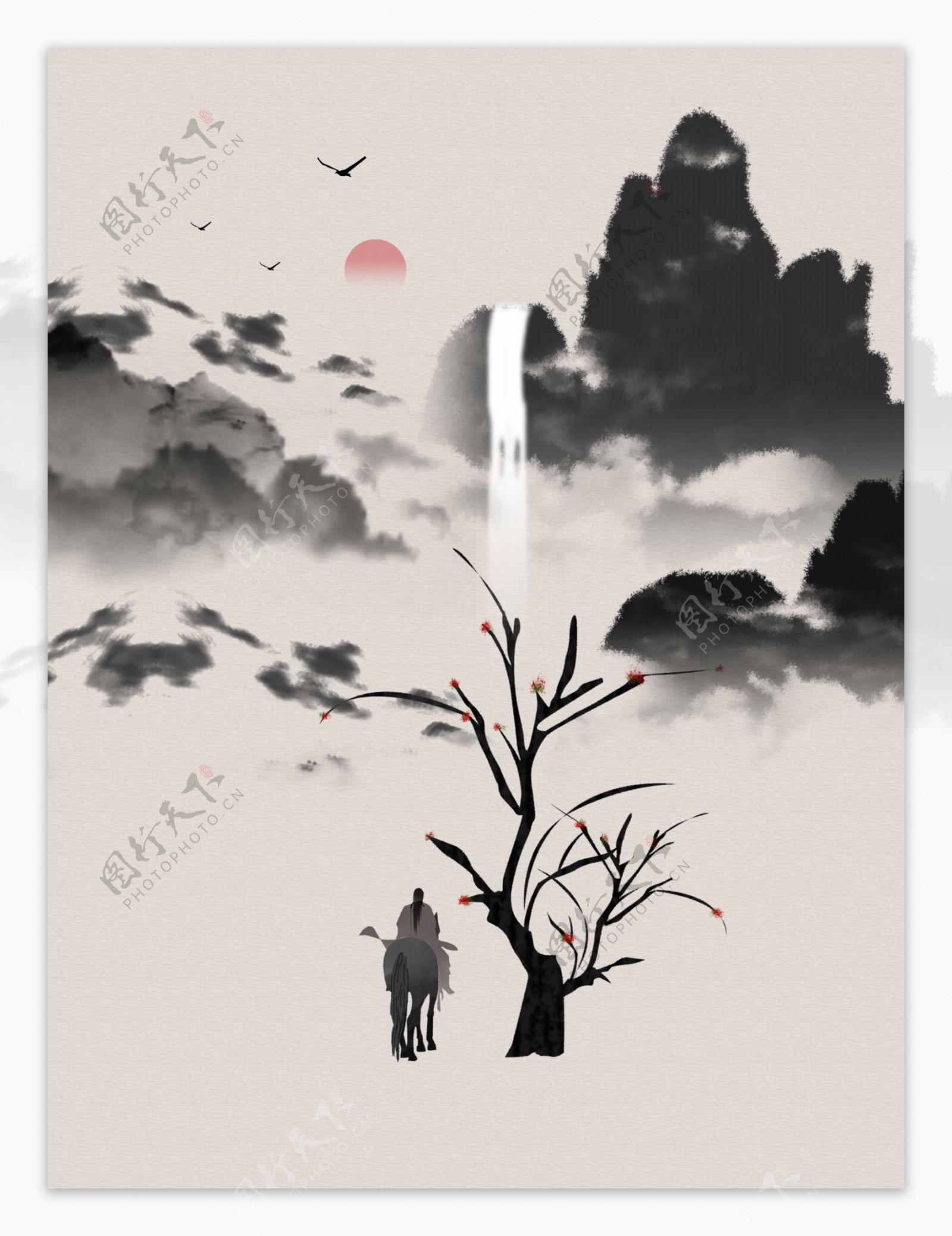 中国风水墨瀑布远行意境装饰画