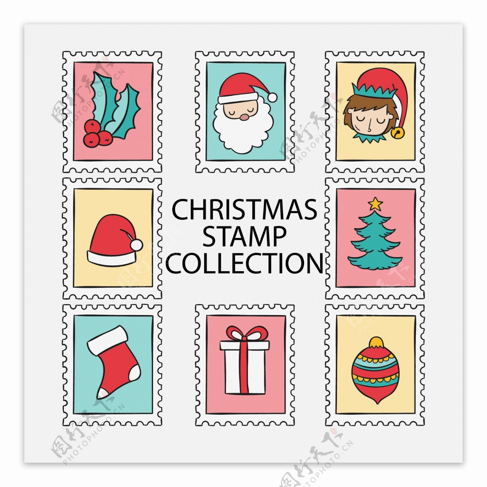 手绘的圣诞节邮票标签素材