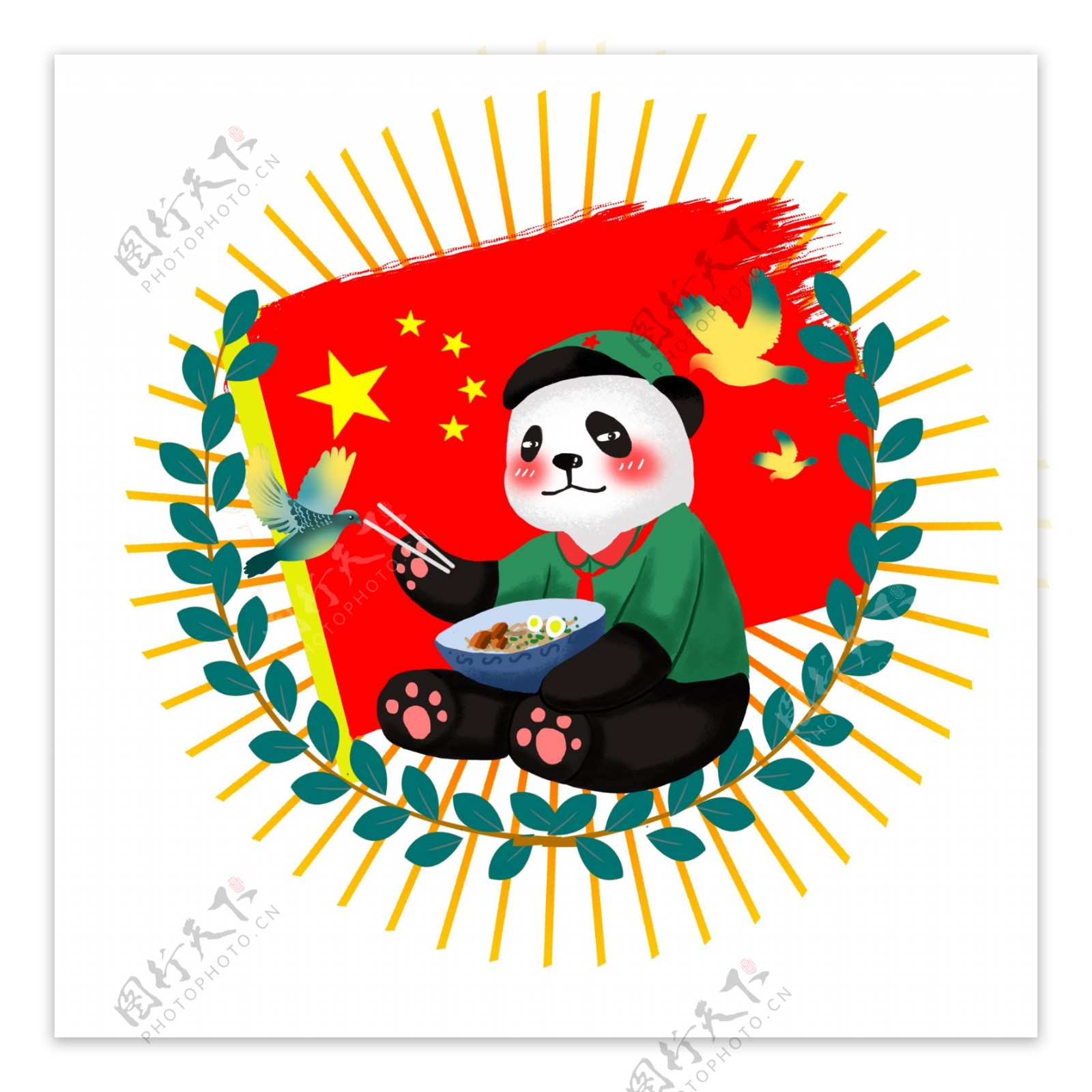 爱国主题吃面熊猫国旗和平鸽场景插画