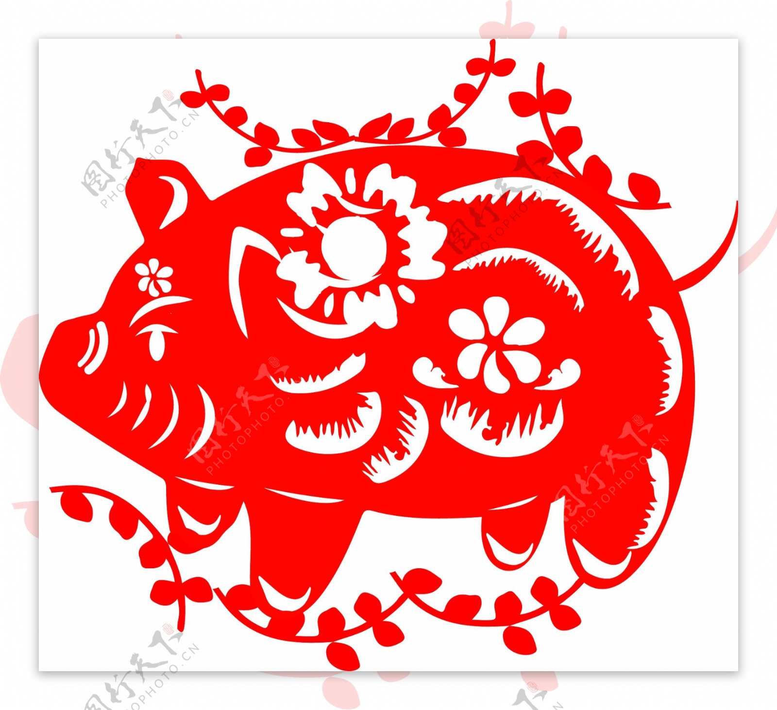 春节装饰剪纸猪红色