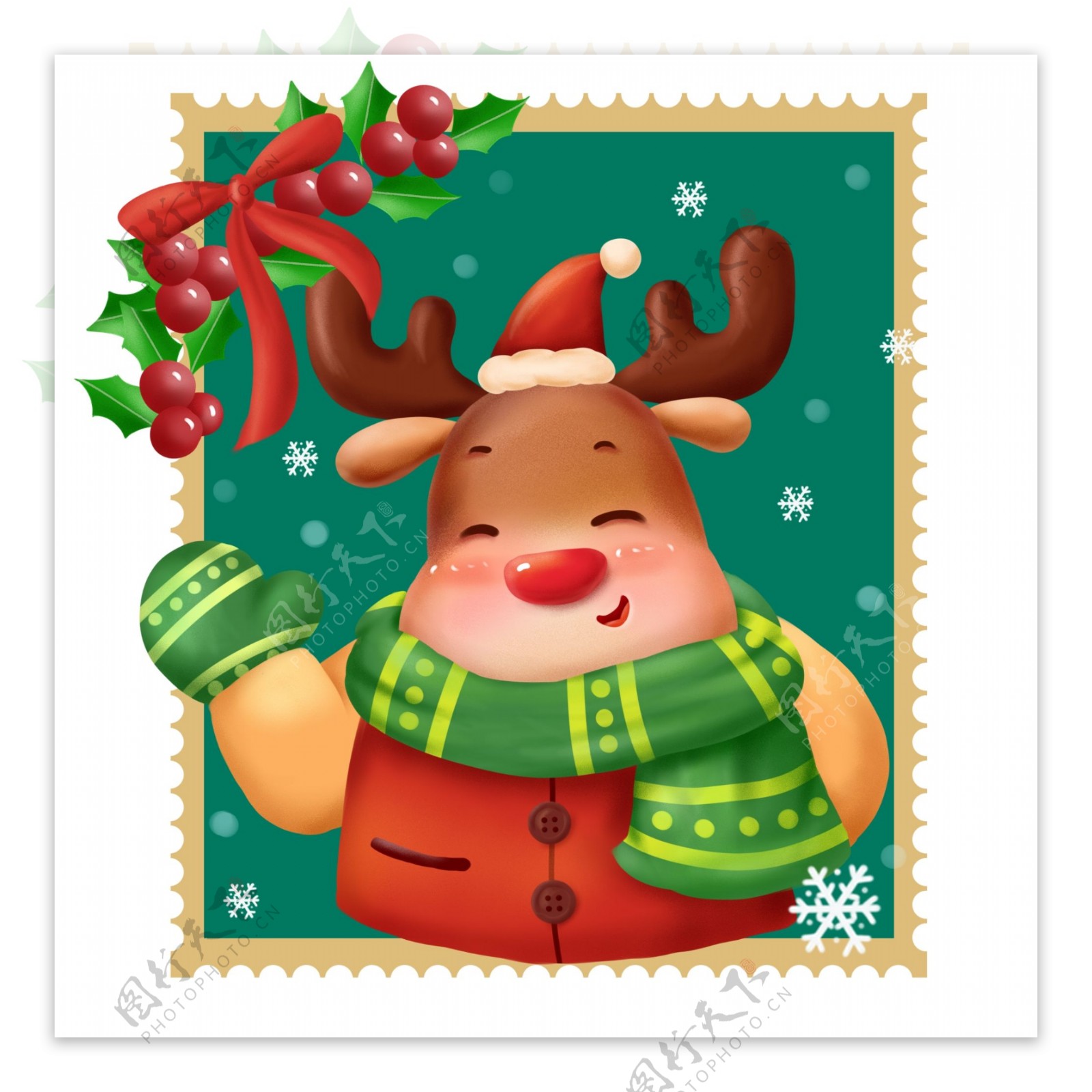 手绘圣诞邮票贴纸打招呼麋鹿欢乐可商用元素