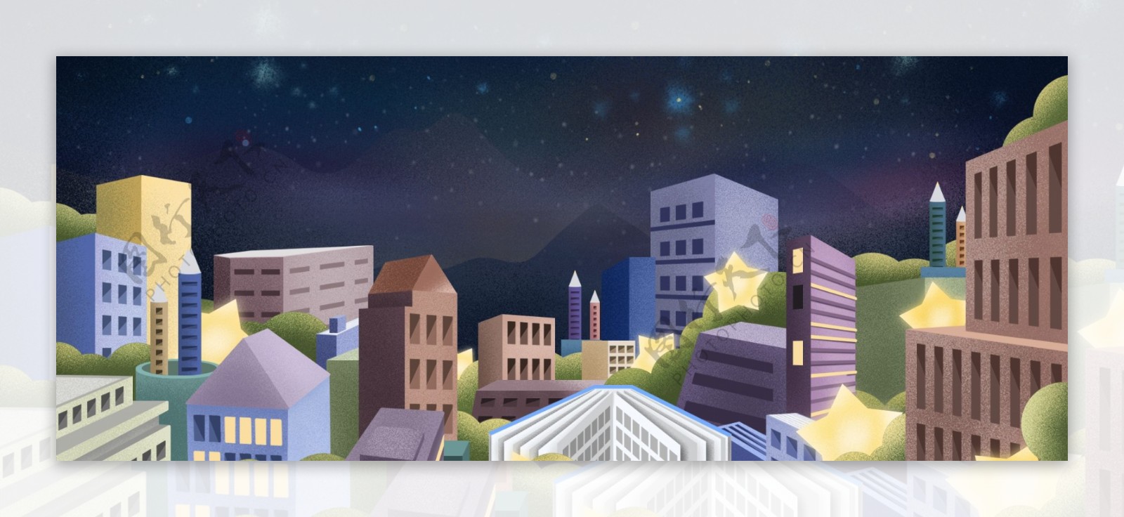 手绘夜空下的城市建筑背景素材