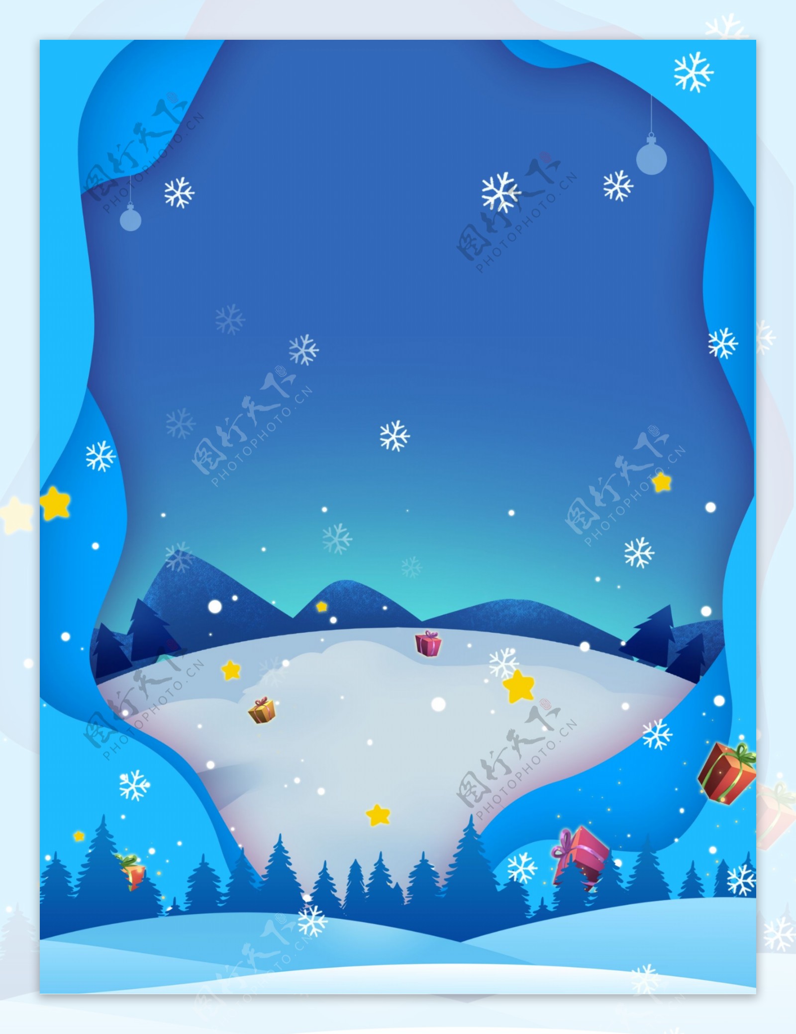 纸片风圣诞快乐雪花蓝色背景