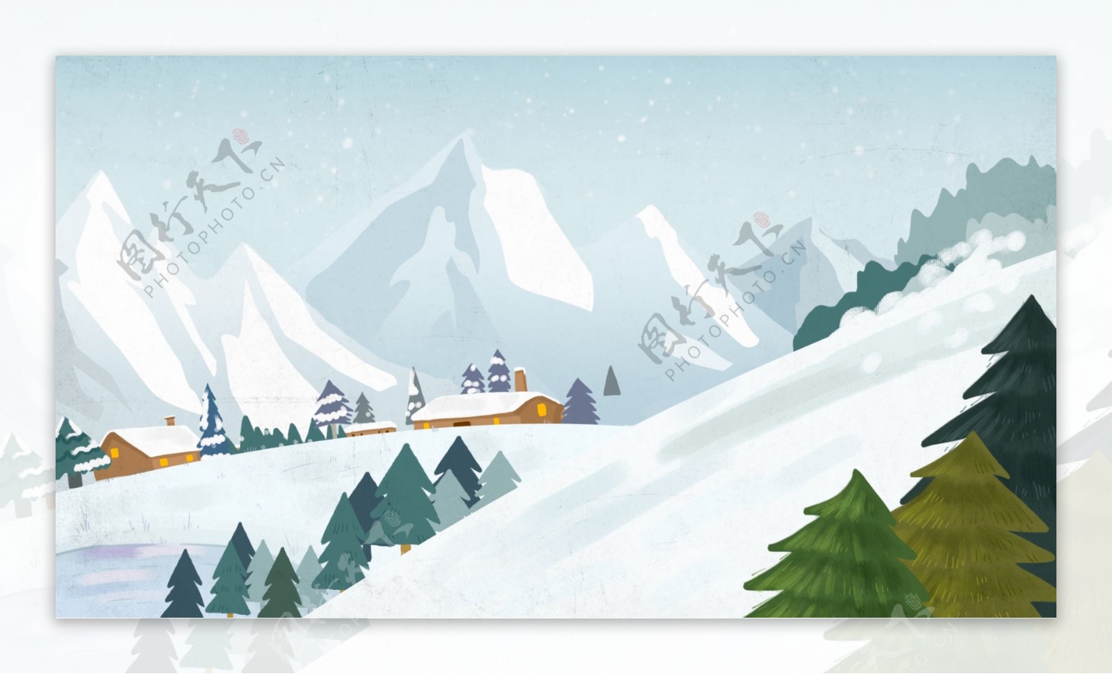 蓝色卡通风圣诞树雪山背景