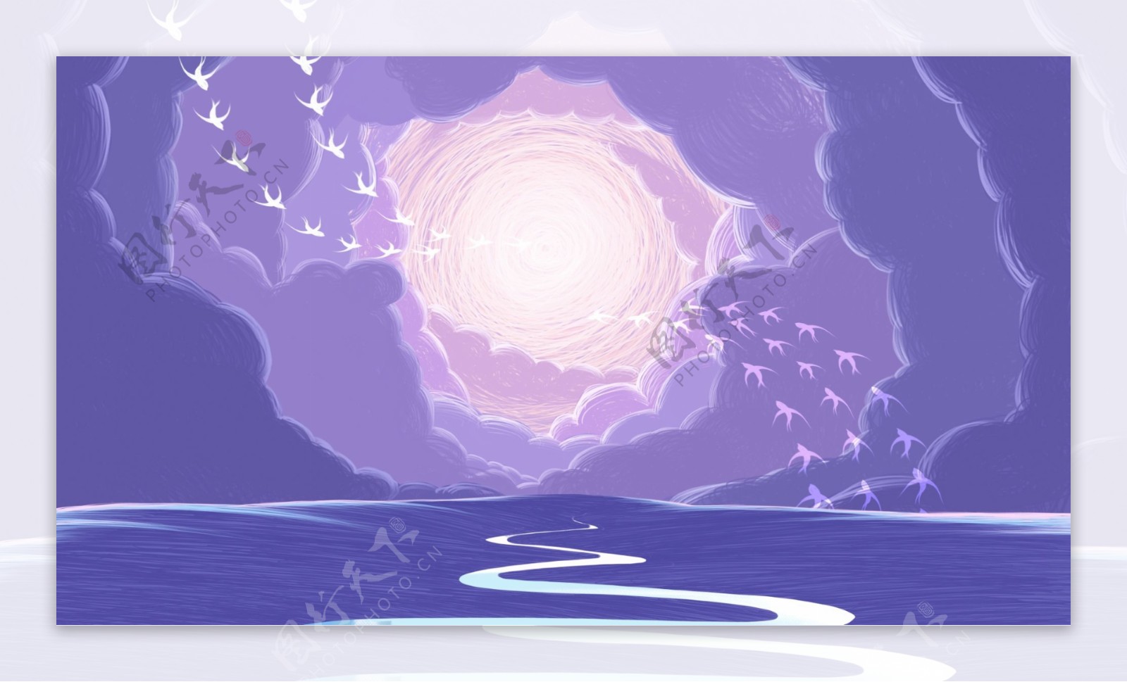 手绘紫色梦幻海上背景