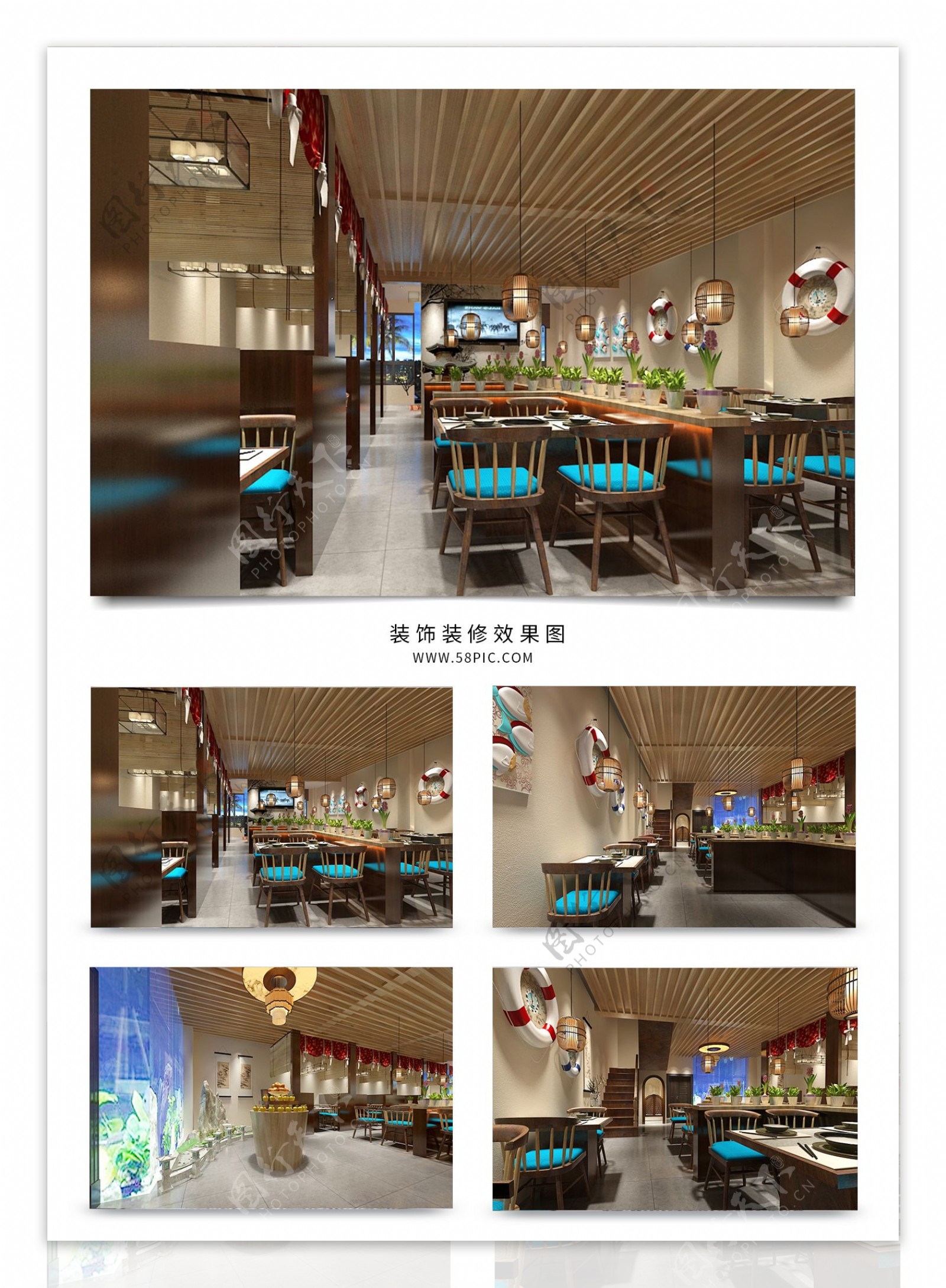现代中式餐厅空间大堂效果图