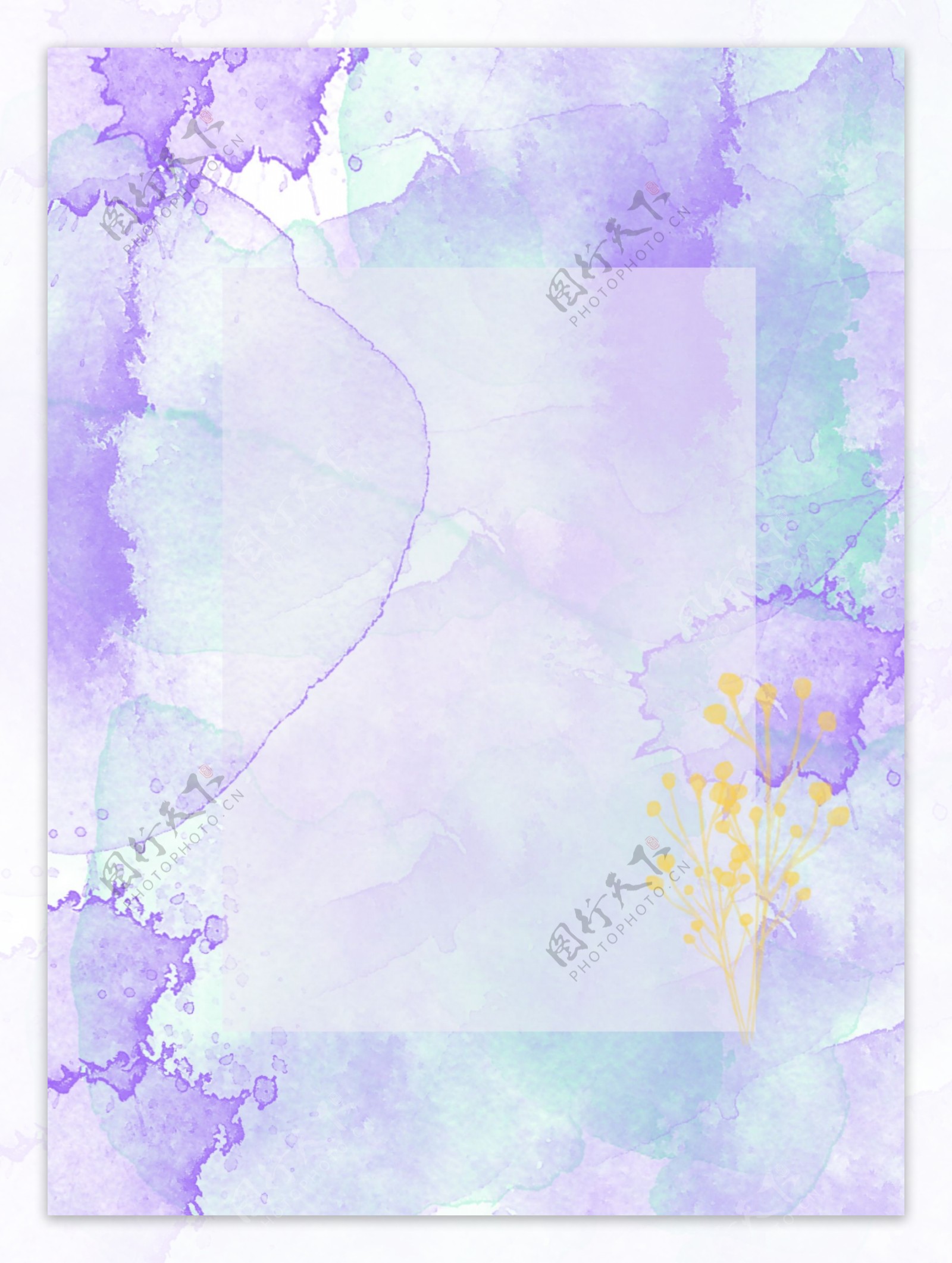 原创水彩紫兰白泼墨方框背景素材