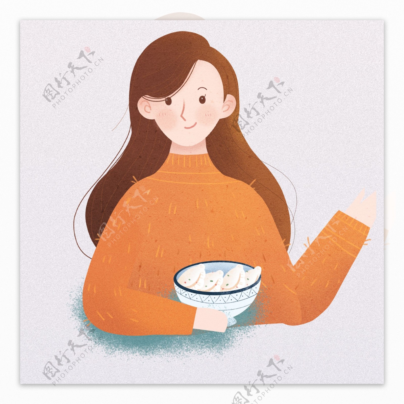冬至拿着一碗饺子的女孩卡通设计