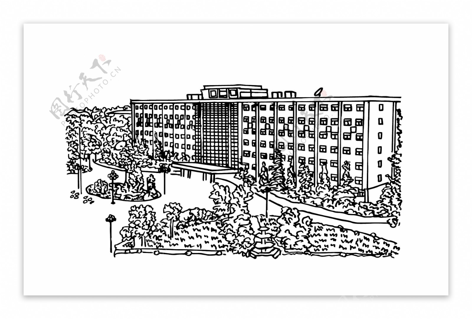 手绘建筑植物场景矢量黑白线条学校