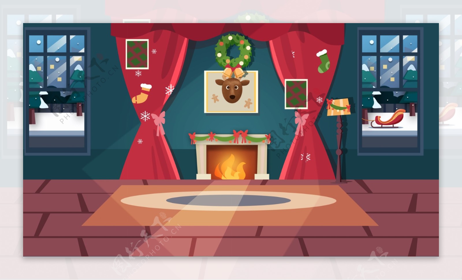 手绘圣诞节室内壁炉背景素材