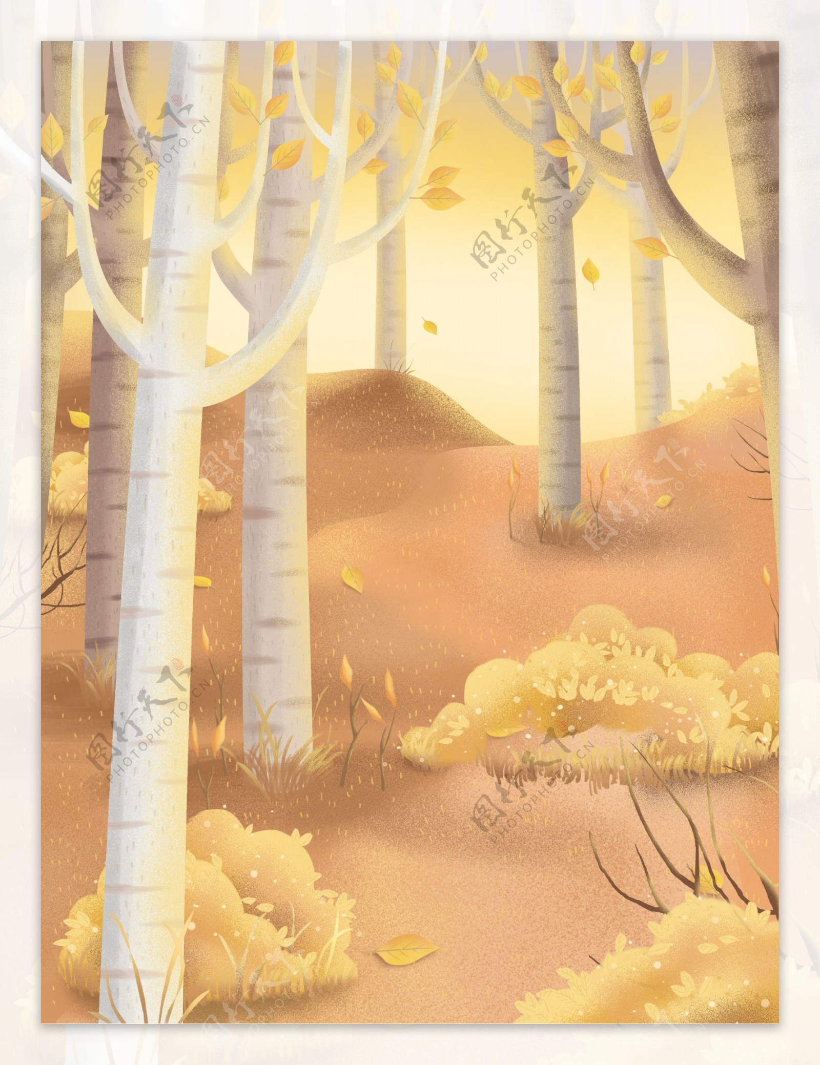 手绘秋天树林落叶背景素材