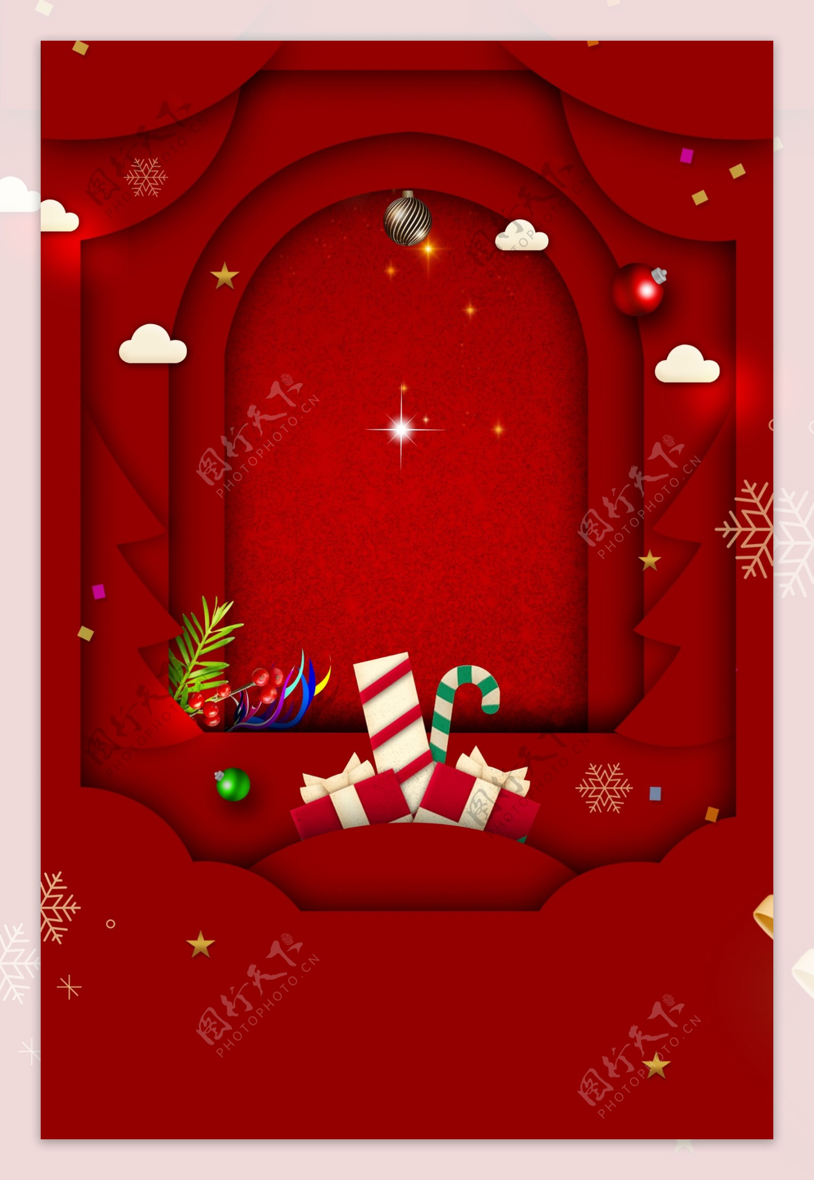 红色喜庆剪纸风圣诞元旦背景素材