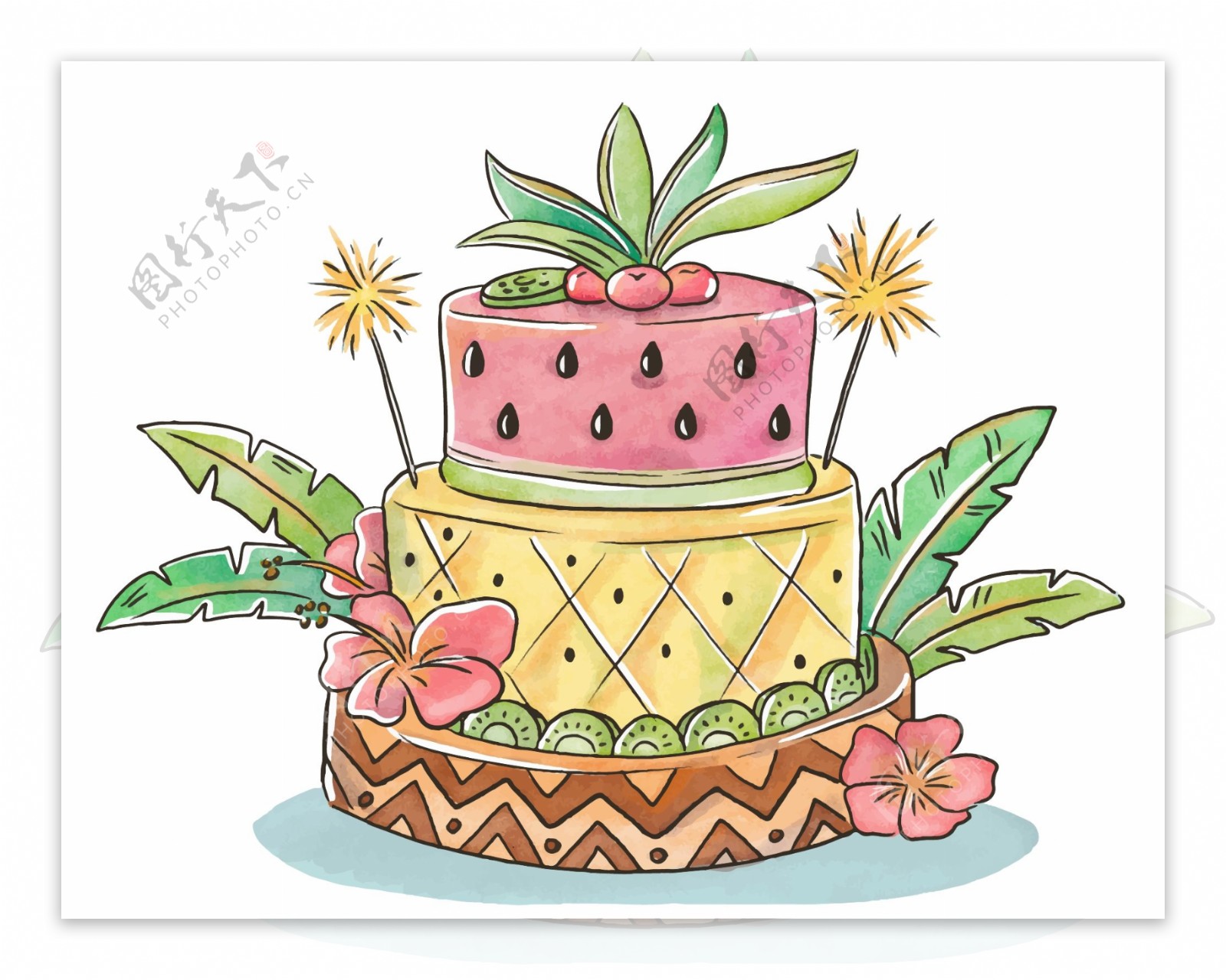 手绘彩色植物多层蛋糕元素