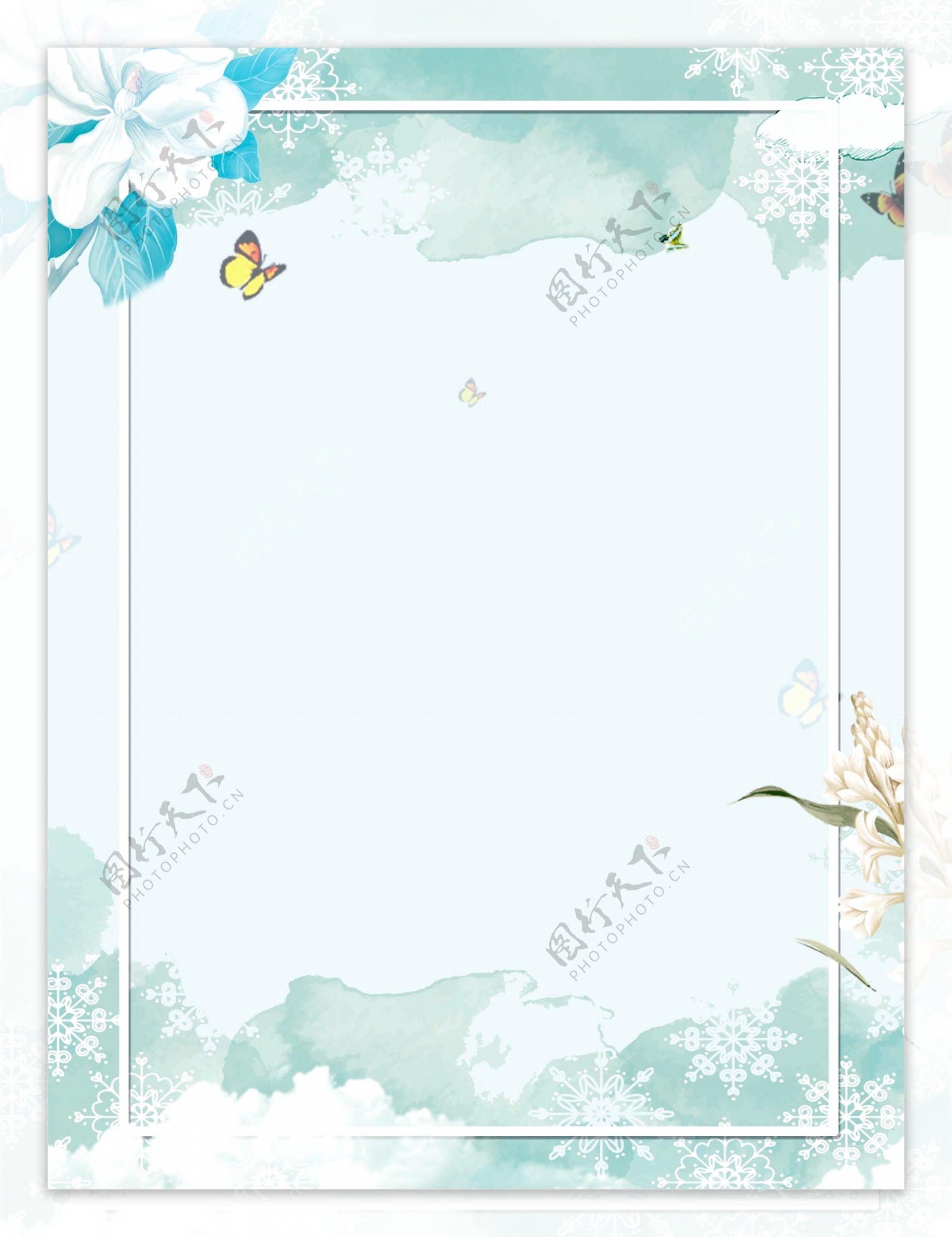 彩绘冬季蝴蝶花朵边框背景素材